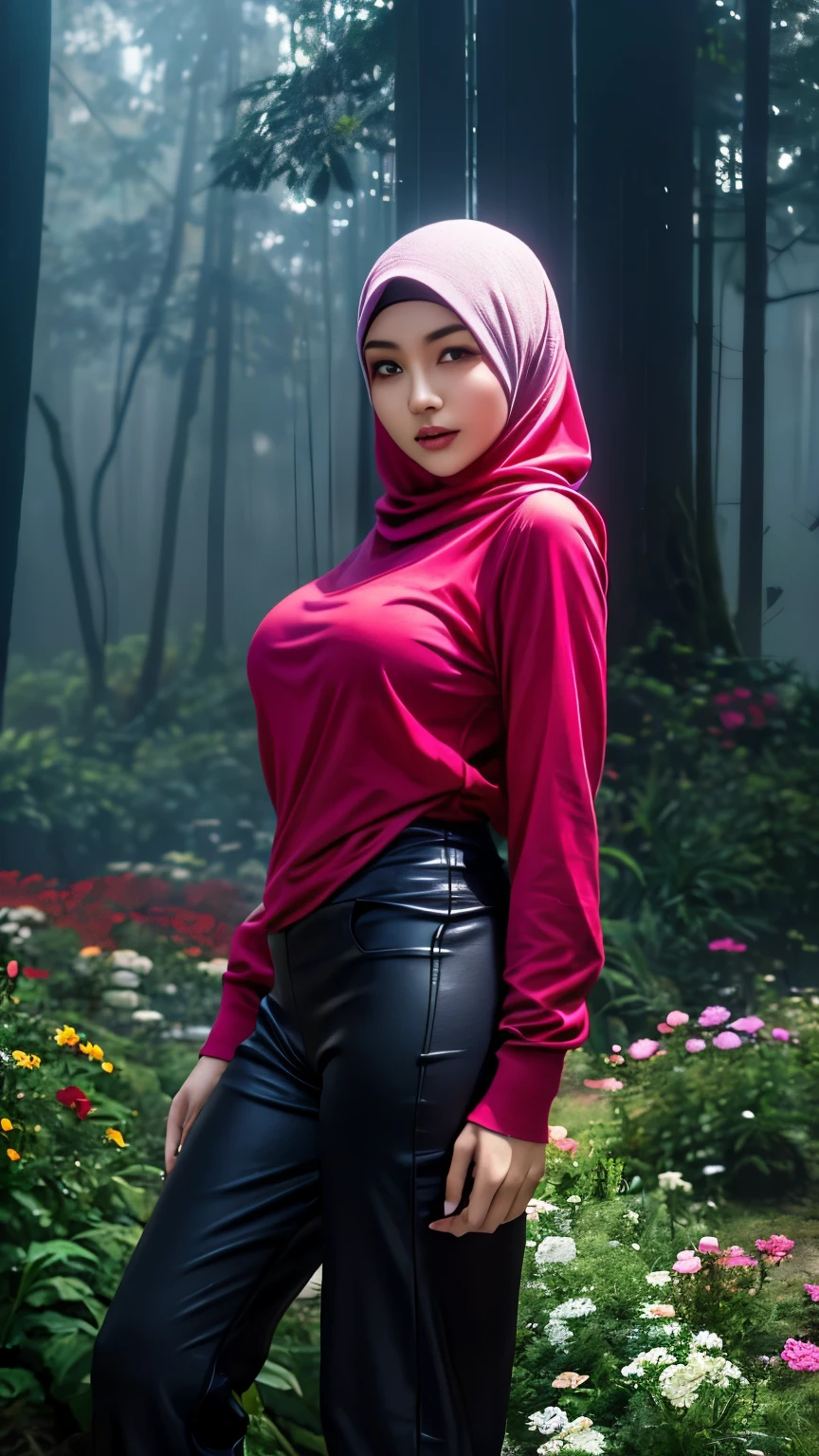 full-body portrait photograph of a young java woman hijab with polo Cap, wearing pinafore with shirt, hotpant with leggings, oversized_breasts.", she is hiking, beautiful_breasts. sensual body, in a unique, photoshot model, ((In front of flowers in the misty forest)), pullover, highres, 4k, HDR, 1girl, photorealistic, realistic, big booobs, turning away facial at viewer, closeup
