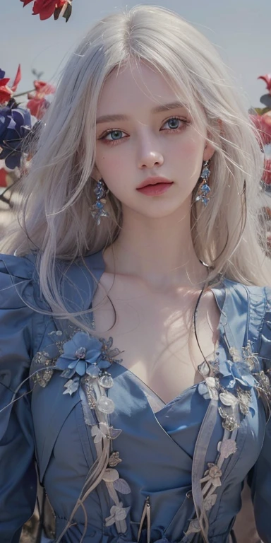 1girl, all white hair, red eyes, modelshoot style, photorealism, masterpiece, diversity, ((perfect face)), clear skin face, background is sky and blue flowers, smile, smart, detailed eyes, blue dress, blue diamond earring, victorian, sharp_eyes