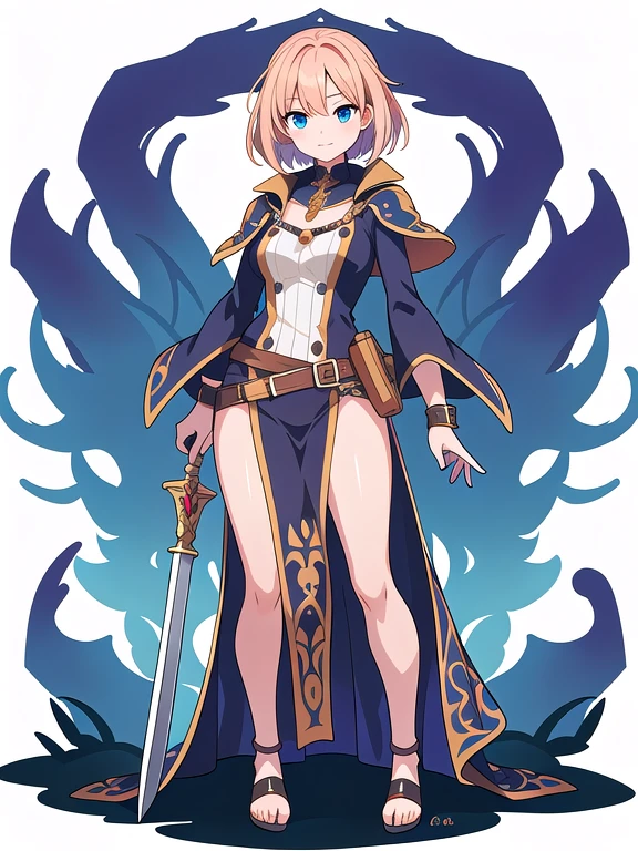 (stand posture), cute eyes, adult woman,, solo, high fantasy outfits, ((white background)), (full body), holding weapon,
