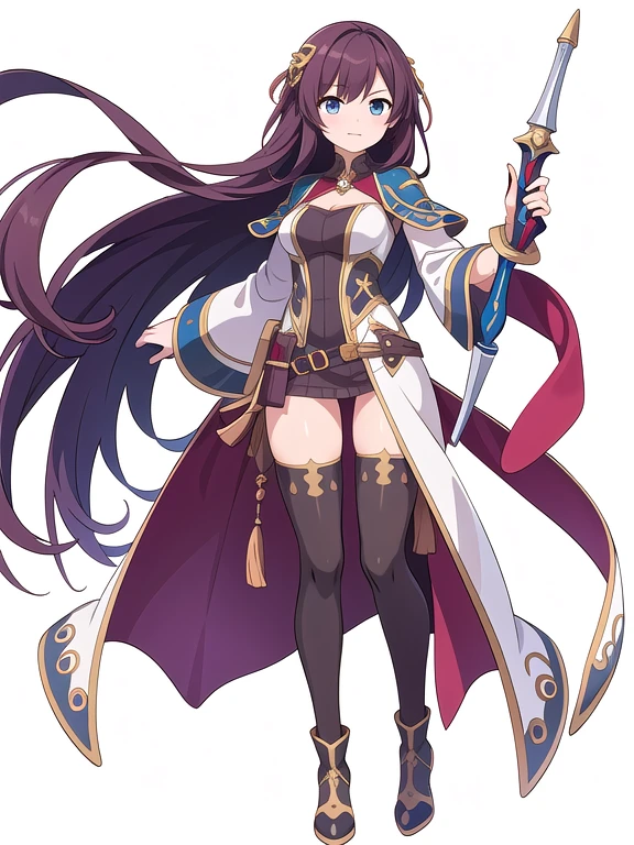 (stand posture), cute eyes, adult woman,, solo, high fantasy outfits, ((white background)), (full body), holding weapon,