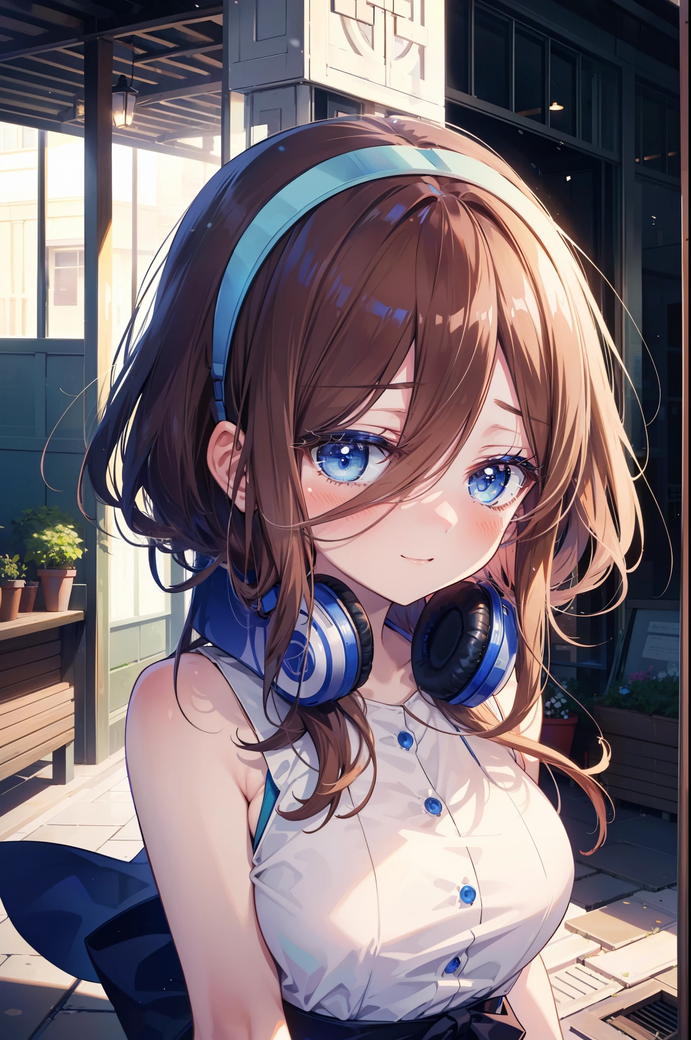 Miku Nakano, Miku Nakano, Long Hair, bangs, blue eyes, Brown Hair, Blue Hairband ,Hair between the eyes, Headphones around neck,smile,blush,White sleeveless dress,Bare shoulders,Bare arms,Long skirt,Cute Sandals,Daytime,Clear skies,happy smile, smile, Open your mouth,whole bodyがイラストに入るように,上から下へ覗いてる
break outdoors, In town,Building district,
break looking at viewer,whole body, (Cowboy Shot:1. 5)
break (masterpiece:1.2), highest quality, High resolution, unity 8k wallpaper, (figure:0.8), (Beautiful fine details:1.6), Highly detailed face, Perfect lighting, Highly detailed CG, (Perfect hands, Perfect Anatomy),
