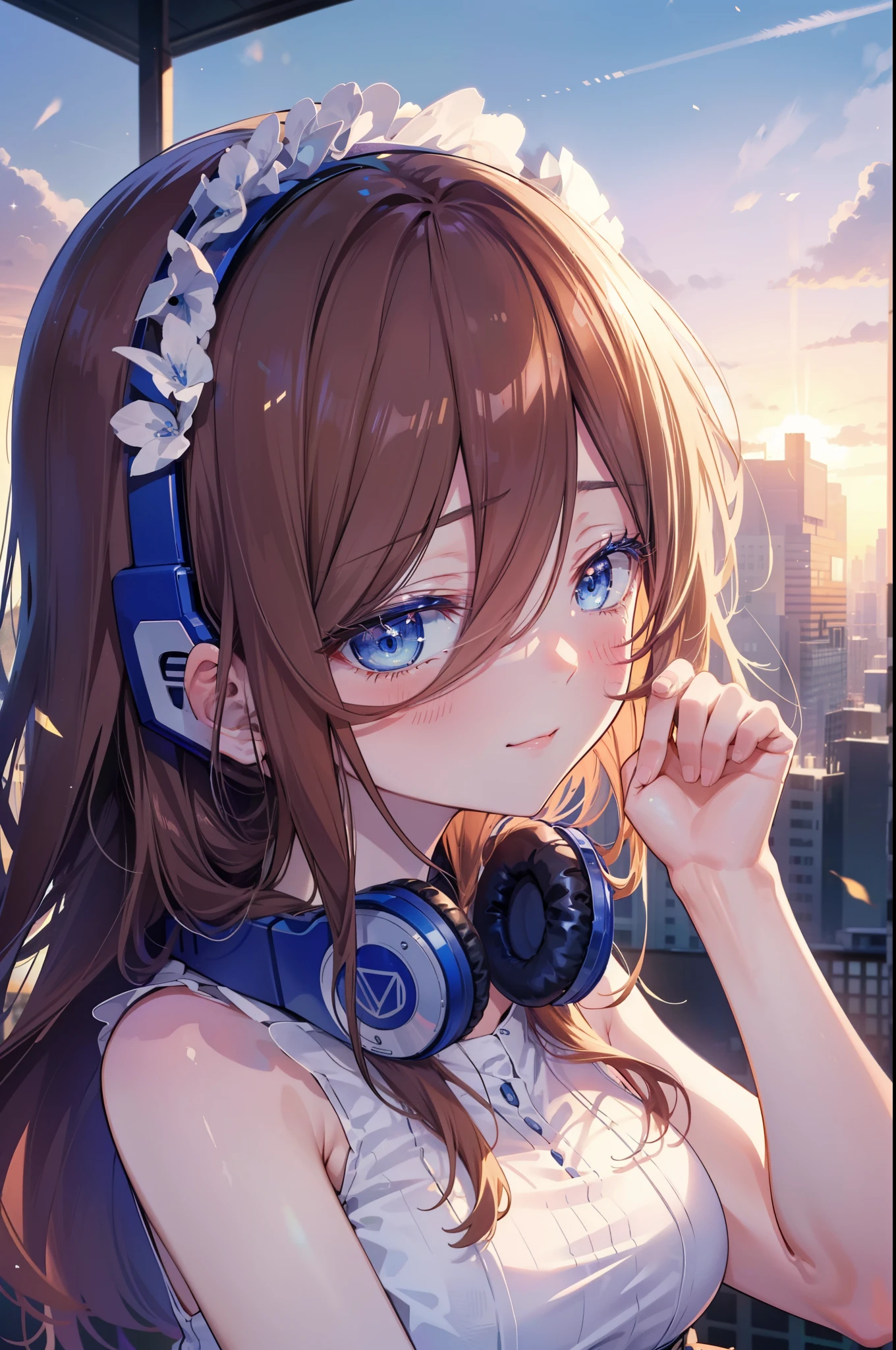 Miku Nakano, Miku Nakano, Long Hair, bangs, blue eyes, Brown Hair, Blue Hairband ,Hair between the eyes, Headphones around neck,smile,blush,White sleeveless dress,Bare shoulders,Bare arms,Long skirt,Cute Sandals,Daytime,Clear skies,happy smile, smile, Open your mouth,whole bodyがイラストに入るように,上から下へ覗いてる
break outdoors, In town,Building district,
break looking at viewer,whole body, (Cowboy Shot:1. 5)
break (masterpiece:1.2), highest quality, High resolution, unity 8k wallpaper, (figure:0.8), (Beautiful fine details:1.6), Highly detailed face, Perfect lighting, Highly detailed CG, (Perfect hands, Perfect Anatomy),