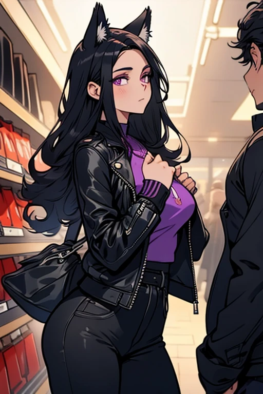 A black haired woman with purple eyes and an hourglass figure with black fox ears and a black fox tail in a cool leather jacket and jean outfit is shopping in a store
