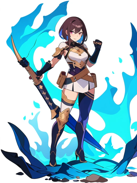 (stand posture), cute eyes, adult woman,, solo, high fantasy outfits, ((white background)), (full body), holding weapon,