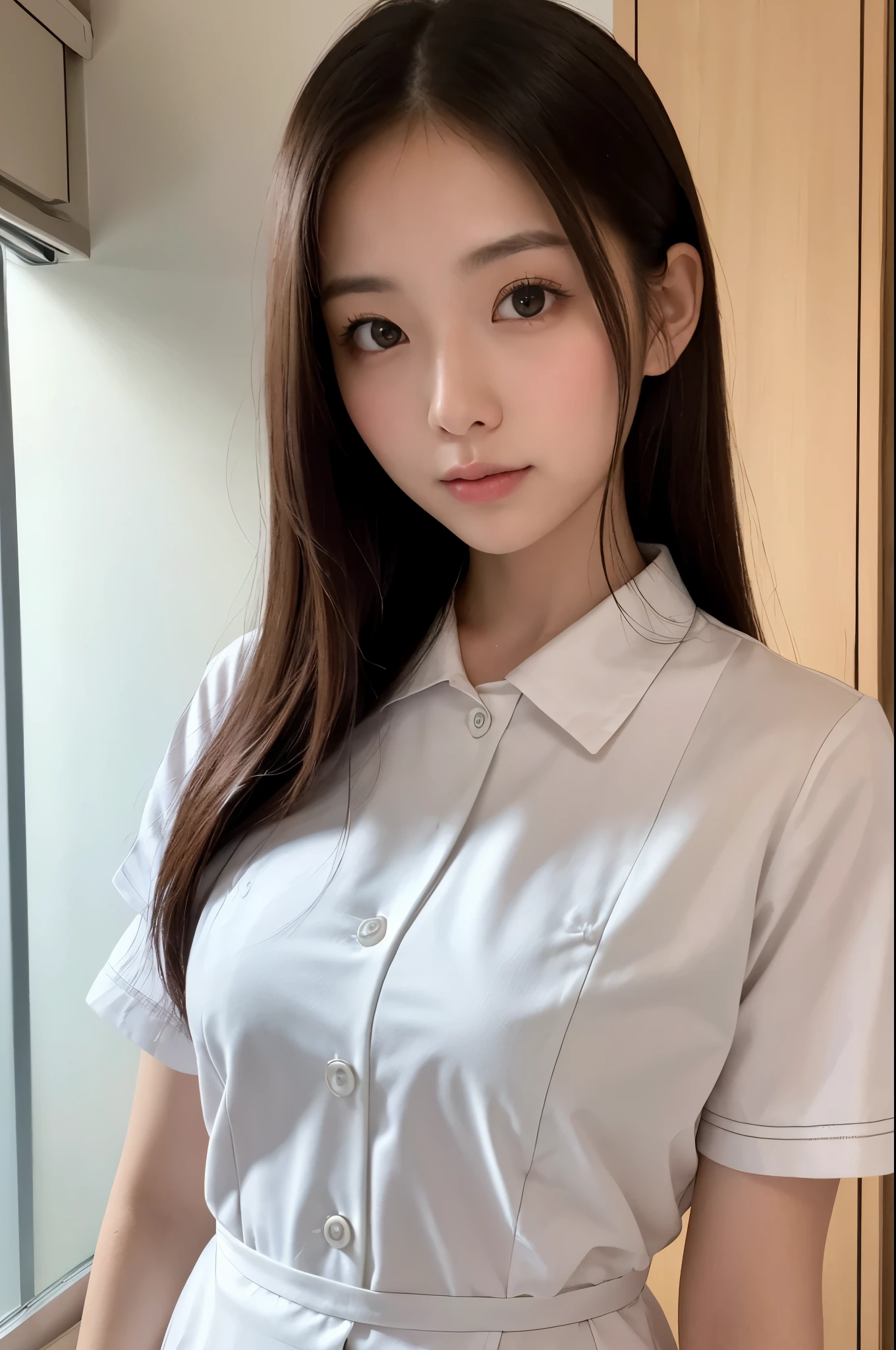 (masterpiece:1.3)、Very fine finish、(High resolution、8k:1.3)、(highest quality)、(Ultra-realistic as a photo:1.3)、Professional portrait、Professional Writing、Correct limbs、Anatomically correct, the face is in focus、(Face close-up:1.3)、 超High resolutionの顔、the face is in focus、Ultra high definition and beautiful eyes、Concentrated eyes、Eyes are symmetrical:1.3、High quality and beautiful skin、Firm Skin、Ultra HD Hair Texture、Japanese women、20-year-old、very cute, Half Up:1.3, nurse、nurse break (White nursing uniform、white nurse uniform:1.3),Hospital room, (Embarrassing:1.3), (blush:1.3), color々Easy shooting angle:1.3, View your viewers, Browsing Caution, medium breast