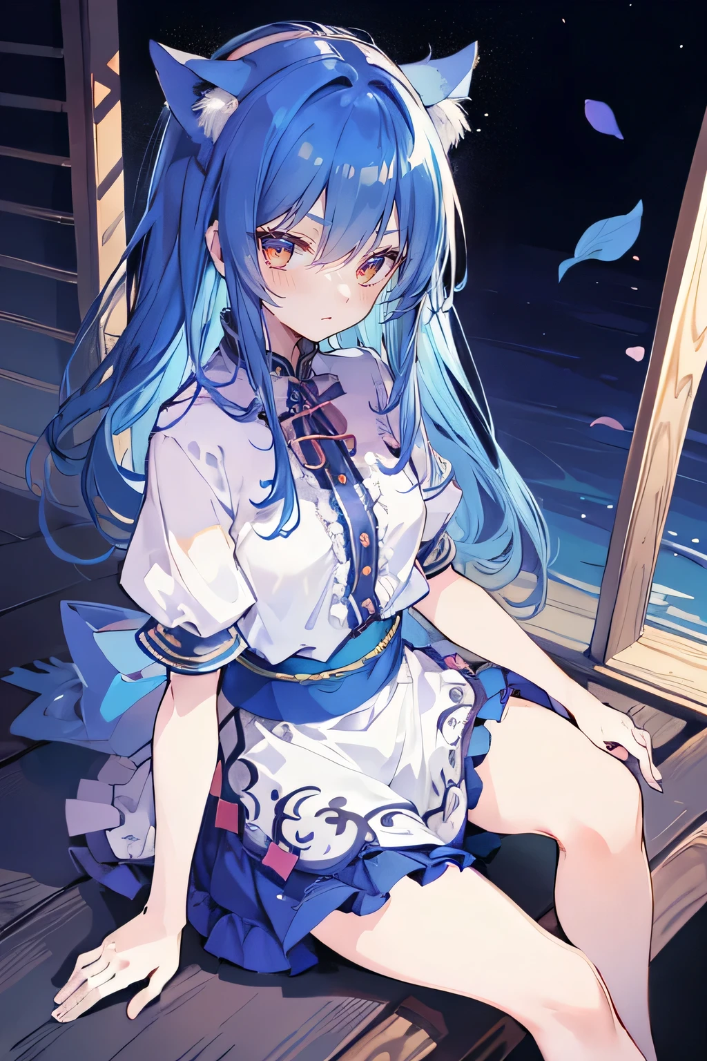 (masterpiece:1.2),ultra-detailed,realistic,expressive eyes,fair-skinned,perfectly shaped face,1girl,
Japanese cartoons,Gorgeous blue hair, flowing blue hair,floating clothes,cat ears,petals falling,beautiful Lola,Hina Angel,
hands on waist,gracefully sitting on the ground,legs crossed,gentle and serene background,cool and comfortable pavilion,night ,