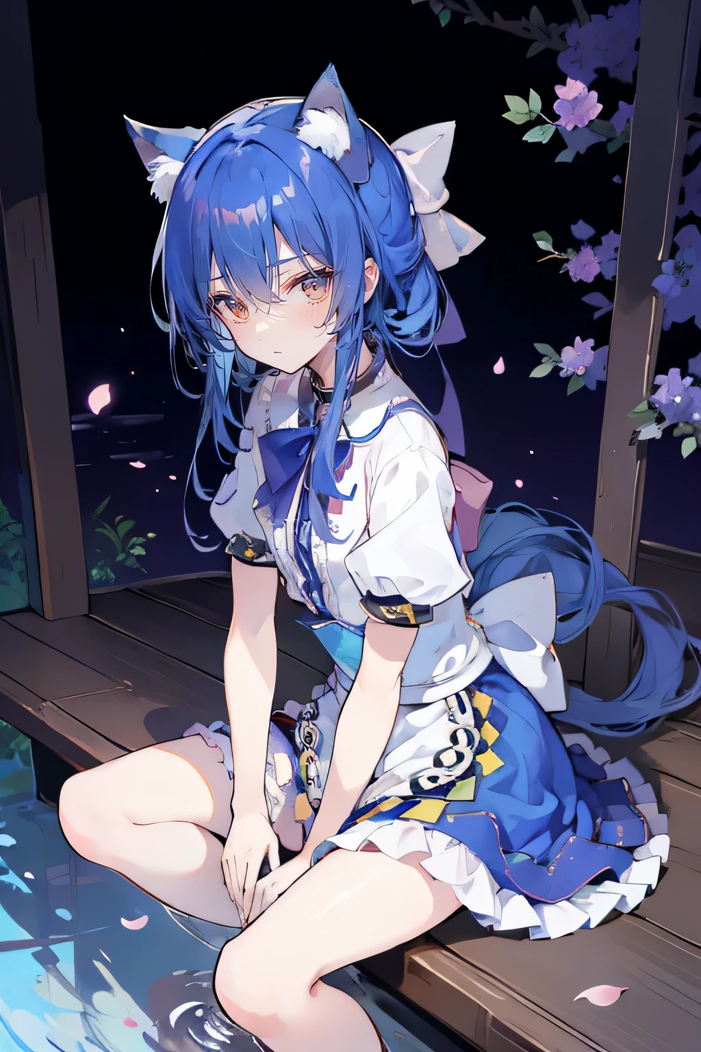 (masterpiece:1.2),ultra-detailed,realistic,expressive eyes,fair-skinned,perfectly shaped face,1girl,
Japanese cartoons,Gorgeous blue hair, flowing blue hair,floating clothes,cat ears,petals falling,beautiful Lola,Hina Angel,
hands on waist,gracefully sitting on the ground,legs crossed,gentle and serene background,cool and comfortable pavilion,night ,