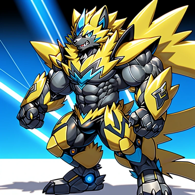 (Pokémon) Zeraora's giant robot.
Gigantic ZERAORA,
GIANT.
Protecting Zeraora's design and color scheme.

wears a black cloak on his back.

whole body shines like metal.
Wearing cyberpunk mecha, emphasizes the muscles.
He wears the same armor as himself from head to foot. (emphasizes the muscles.)
suit fully made of metal,
intricate armor, Robotic suit, suit fully made of metal, cyborg,

big muscle.
pecs, triceps,
body full of huge muscles.
unusually developed muscular body,
A Zeraora at the bodybuilding competition,
massive,
huge muscular bodybuilder with extraordinary biceps, pecs, triceps, traps, gigachad, 300 lbs.

The claws are sharp, Sharp teeth,
with huge golden laser sword,

metallic eagle shaped wings,
bulge in the crotch wears a small black string thong that reveals huge muscular thighs. (metallic color: jet black thong)