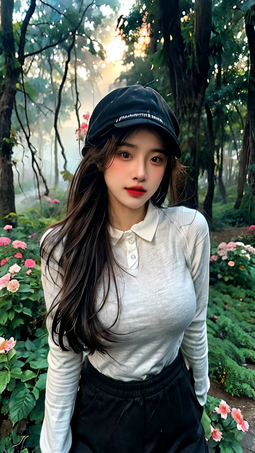 full-body portrait photograph of a young java woman hijab with polo Cap, wearing pinafore with shirt, hotpant with leggings, oversized_breasts.", she is hiking, beautiful_breasts. sensual body, in a unique, photoshot model, ((In front of flowers in the misty forest)), pullover, highres, 4k, HDR, 1girl, photorealistic, realistic, big booobs, turning away facial at viewer, closeup