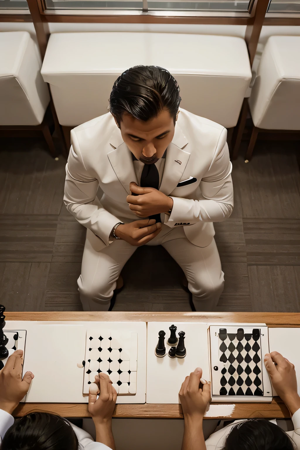 View from above of a chess game in which two opponents are face to face and one of them, a Latino in a white suit and tie, makes a move with the queen