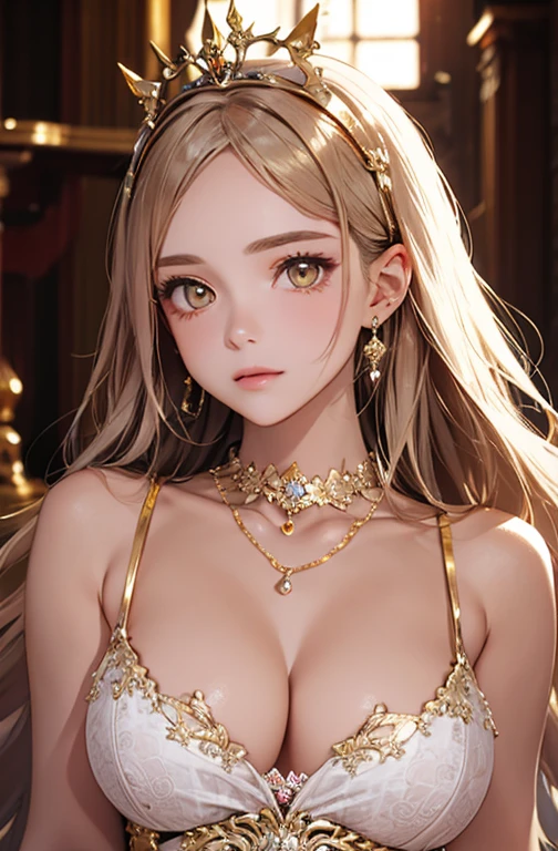 Princess , in castle , detailed hand , high quality, super quality, detailed face, beautiful woman , golden eyes, long hair , mega breast , gorgeous dress, tiara, necklace , earring , sharpe eyebrow , (pure gold hair:1.4)