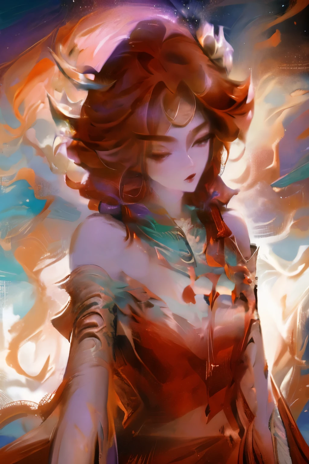 Mud building (Genshin Impact), Behind is the sea, 1 Girl, Background blur, Shut up, bare arm, accessories, Nude sleeves, Bare shoulders, Red hair, bracelet, necklace, Cowboy shooting, sideways