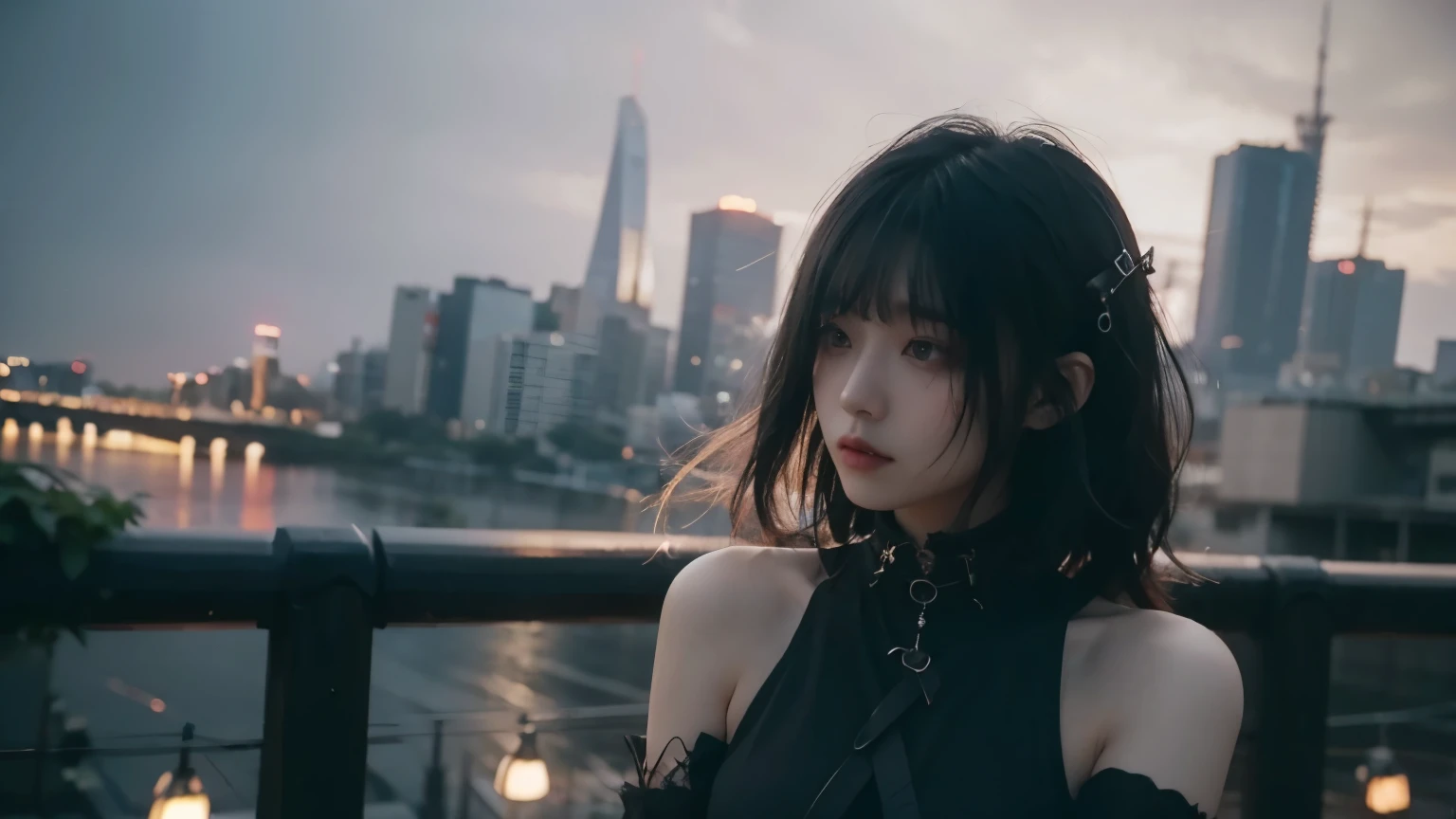 (upper body:1.4), Goth Fashion, Dystopia, tokyo, minimum, harmony, tranquility, cinematic light, Magic Hour, A strong wind is blowing, Girl overlooking the city, slender, floating Medium Hair, diffused natural skin glow, bangs, Deep Shadow, Gothic Punk, masterpiece, highest quality, RAW Photos, sigma 50mm f1.4, candytt, 24-years-old