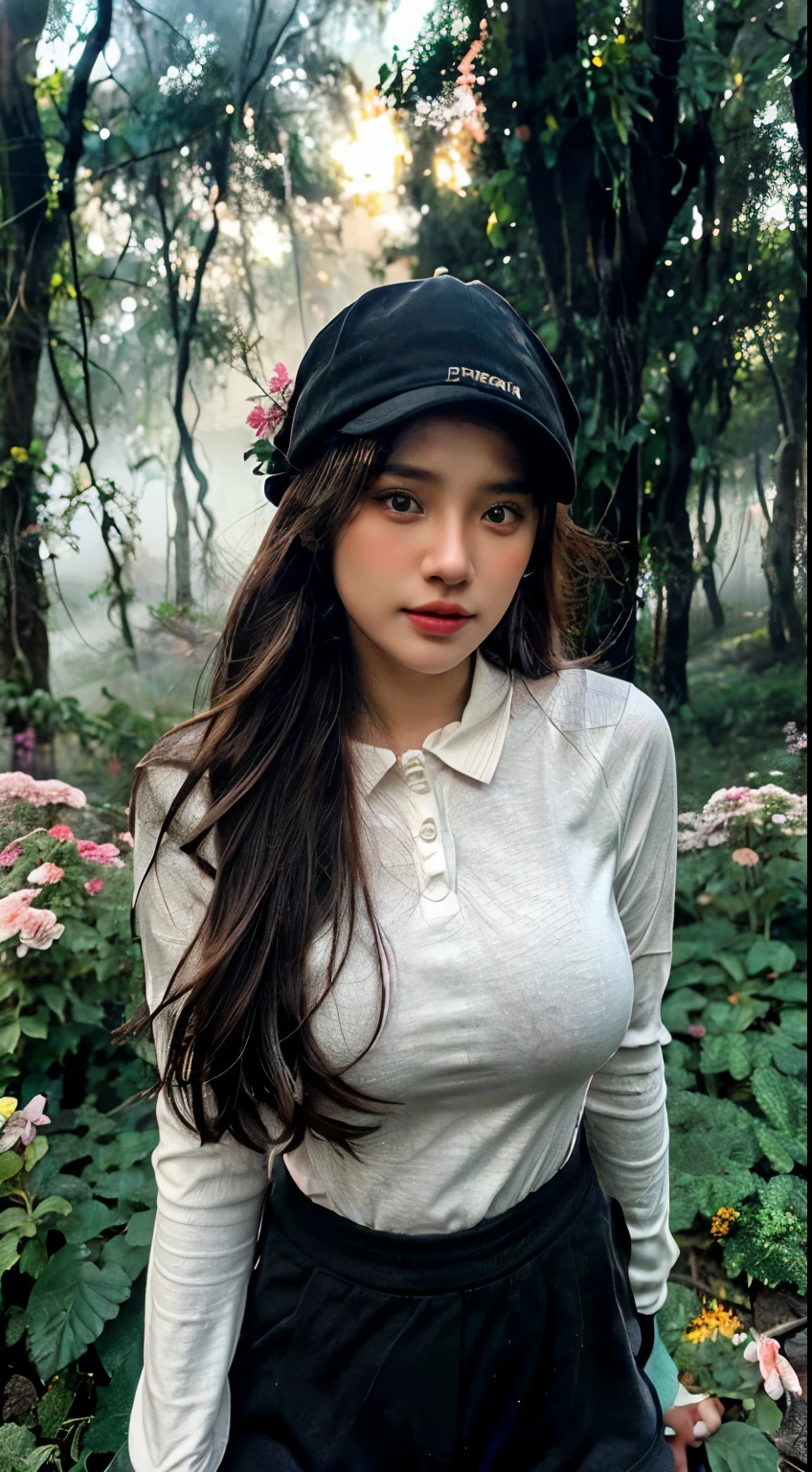 full-body portrait photograph of a young java woman hijab with polo Cap, wearing pinafore with shirt, hotpant with leggings, oversized_breasts.", she is hiking, beautiful_breasts. sensual body, in a unique, photoshot model, ((In front of flowers in the misty forest)), pullover, highres, 4k, HDR, 1girl, photorealistic, realistic, big booobs, turning away facial at viewer, closeup