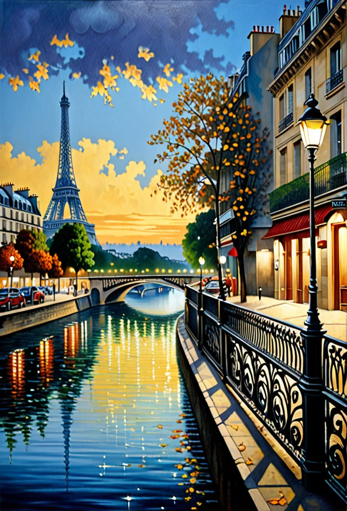 A poetic picture of Paris, France with the 1960's romantic style in the end of Summer where leaves begin to fall, oil on canvas painting, photo realistic, insanely detailed and intricate city scene, volumetric lighting, with a couple sitting by the Seine river, including reflections of the city lights on the water, and capturing the intricate ironwork of balconies and railings