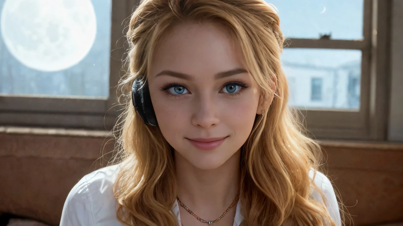 masutepiece, Realistic, Detailed eyes, Beautiful, Looking at the viewer, Natural lighting, depth of fields, Wrinkled skin, 24 year old, Solo, Long wavy blonde hair, Blue eyes, Formal shirts, Smile, Lips, Upper body, Front view, a necklace、piercings, listening lofi and lying on sofa, a beautiful big green eyes, dreamy face, smiling face lovely figures, full clothes wear, night, moon scited on window, cool envirement, moon wear a head phone, a lady wear red color costume, 8k image, camera is near to her face,