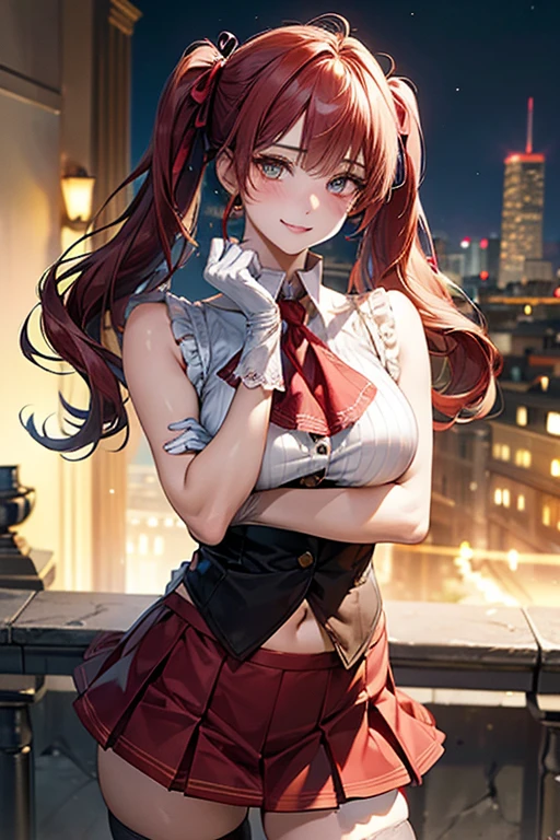(NSFW:1.2), (8K, RAW photo, best image quality, masterpiece: 1.4), (Highly detailed CG Unity 8K wallpaper, highest quality, High resolution: 1.2), (ultra_be familiar with, UHD: 1.2), super highly be familiar with, (realistic, realistic: 1.48), 1 girl, clear eyes,large breasts,shiny hair, beautiful be familiar with cold face,enchanting smile, Beautiful and delicate eyes with intricate details,very accurate details,skin dents,outdoor,perfect face,perfect body, beautiful eyes, beautiful face,an illustration of a young woman in tight fitting outfit holding a whip, 1girl, houshou marine, solo, virtual youtuber, breasts, twintails, red hair, heterochromia, thighhighs, red eyes, yellow eyes, skirt, white gloves, gloves, long hair, looking at viewer, hair ribbon, ribbon, white background, red skirt, smile, ascot, blush, large breasts, pleated skirt, covered navel, sleeveless, brooch, see-through, jewelry, red ribbon, cleavage, lace-trimmed legwear, red ascot