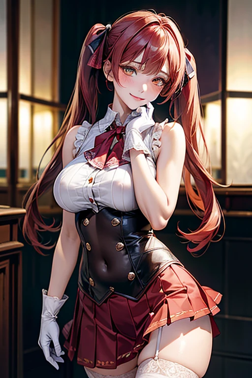 (NSFW:1.2), (8K, RAW photo, best image quality, masterpiece: 1.4), (Highly detailed CG Unity 8K wallpaper, highest quality, High resolution: 1.2), (ultra_be familiar with, UHD: 1.2), super highly be familiar with, (realistic, realistic: 1.48), 1 girl, clear eyes,large breasts,shiny hair, beautiful be familiar with cold face,enchanting smile, Beautiful and delicate eyes with intricate details,very accurate details,skin dents,outdoor,perfect face,perfect body, beautiful eyes, beautiful face,an illustration of a young woman in tight fitting outfit holding a whip, 1girl, houshou marine, solo, virtual youtuber, breasts, twintails, red hair, heterochromia, thighhighs, red eyes, yellow eyes, skirt, white gloves, gloves, long hair, looking at viewer, hair ribbon, ribbon, white background, red skirt, smile, ascot, blush, large breasts, pleated skirt, covered navel, sleeveless, brooch, see-through, jewelry, red ribbon, cleavage, lace-trimmed legwear, red ascot