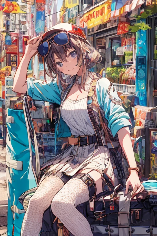 anime girl risque outfit yet cover skin, posing for photoshoot, masterpiece, best quality, high quality, wearing sunglasses near nose, one eye open, smiling
