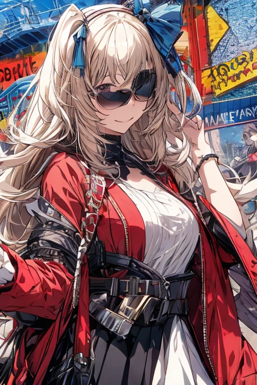 anime girl risque outfit yet cover skin, posing for photoshoot, masterpiece, best quality, high quality, wearing sunglasses near nose, one eye open, smiling