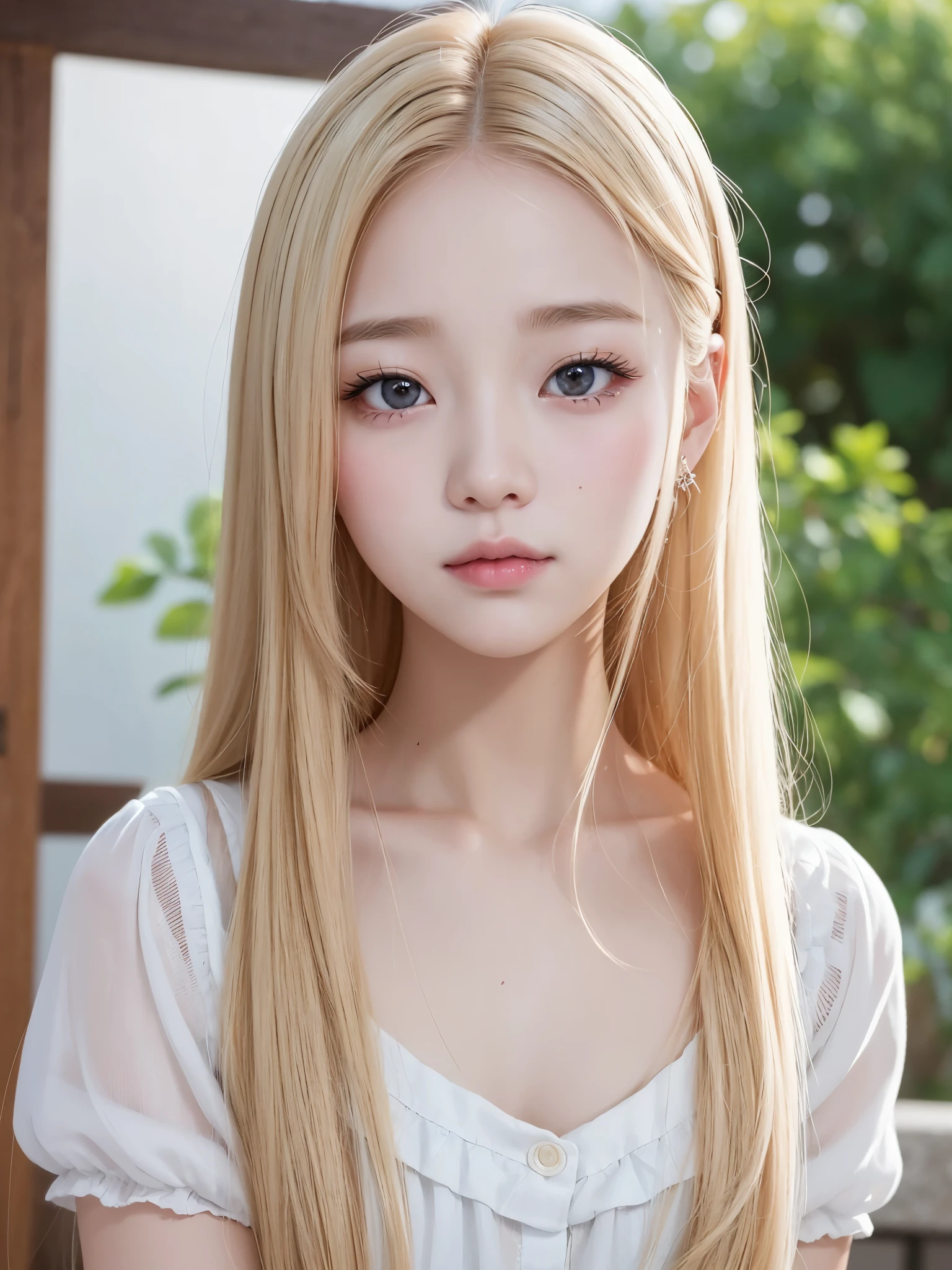 A young girl with very light blonde hair and pretty 20 years old, con cara de Wonyoung, Jang Wonyoung, estilo muy femenino y lindo, prendas lindas. Chica japonesa, very tender asian girl with pale skin, ojos grandes, labios gruesos, ropa rosa, ella tiene el cabello muy largo, su rostro es bonito, se parece a Jang Wonyoung de ive, es Wonyoung, busto grande y notorio.