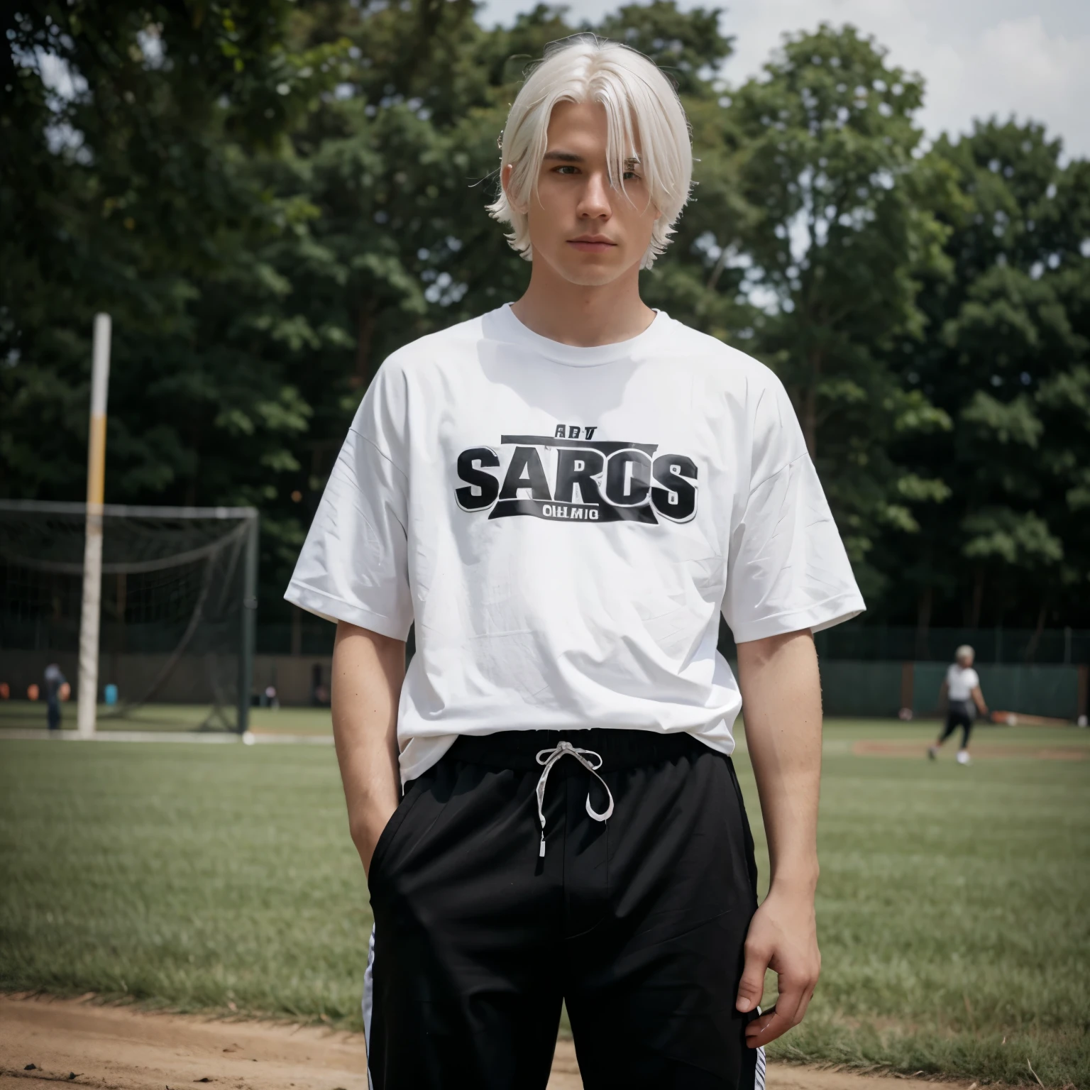 White hair, man, sports shirt, black pants