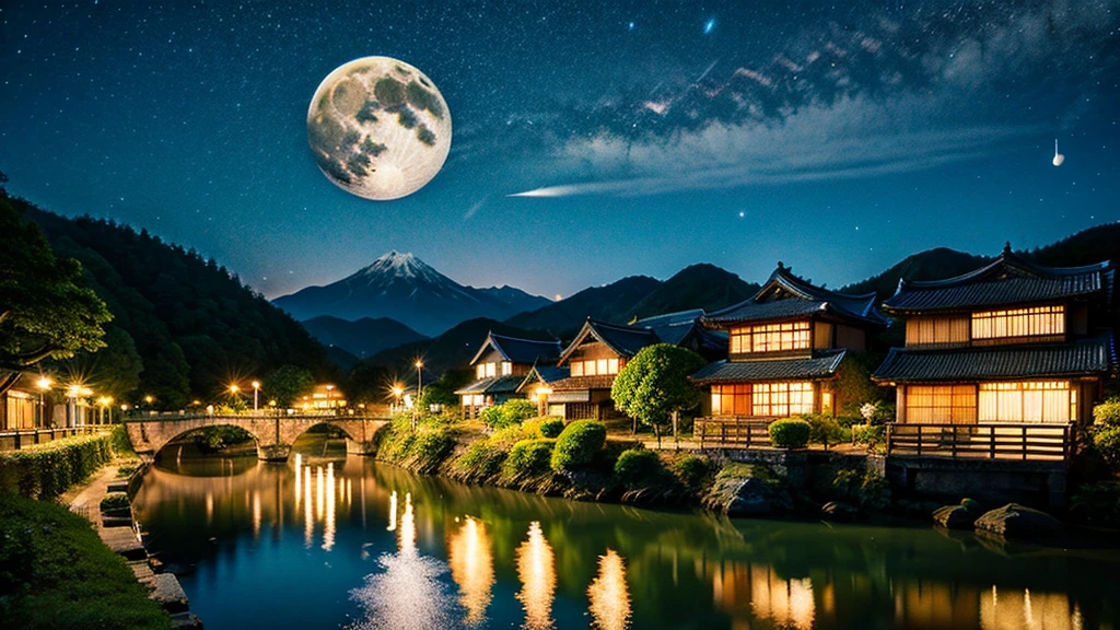 Landscape painting、Japanese village scenery、Photo Style、night、Star of the sky、Big Moon、