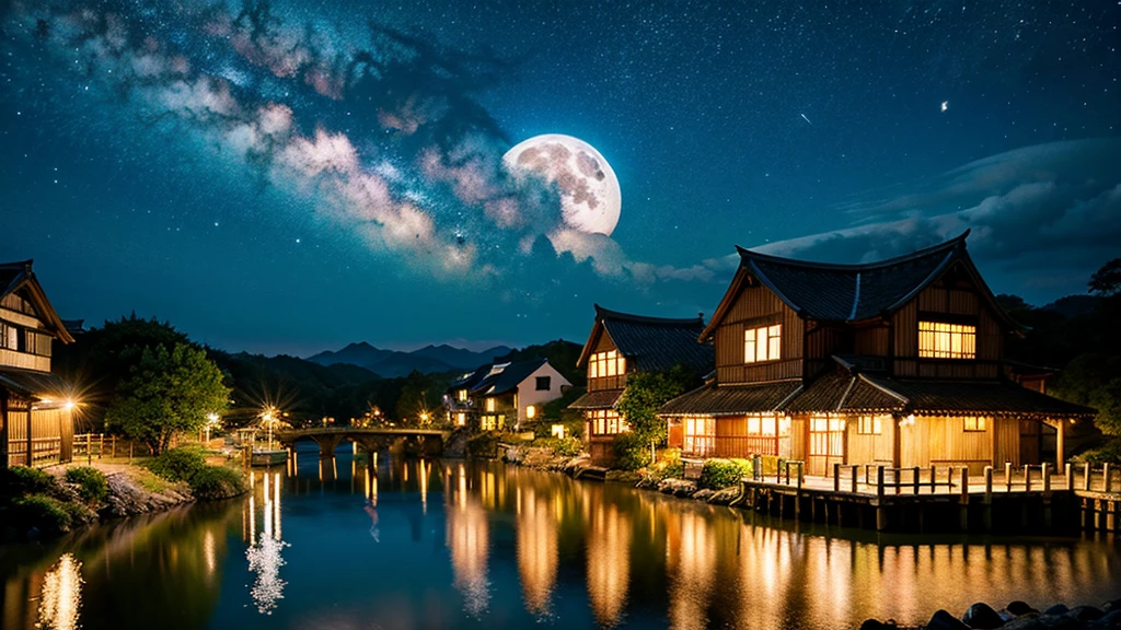 Landscape painting、Japanese village scenery、Photo Style、night、Star of the sky、Big Moon、