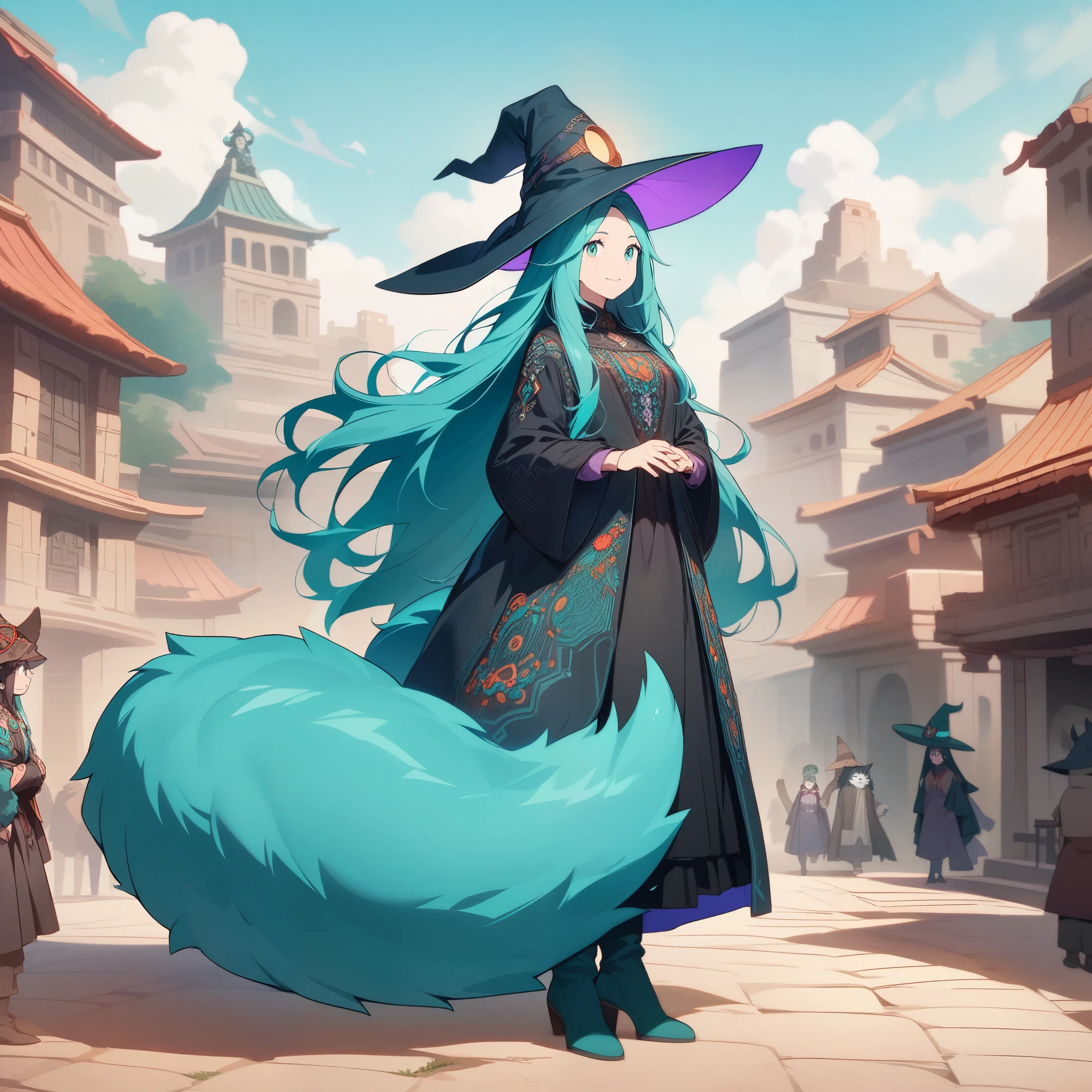 woman, hairy woman, wolf woman, full body portrait, full fur, magical fur, full tail, big tail, magic tail, long hair (busy and turquoise colored hair), hat on the head (witch's hat), eyes almond shape (bright turquoise color), expressive smile, charming face, witch outfit (dark color with magical embroidery), black tights, shoe (high boots), public park background (in the middle of an ancient city), a scene representing a witch's meeting.