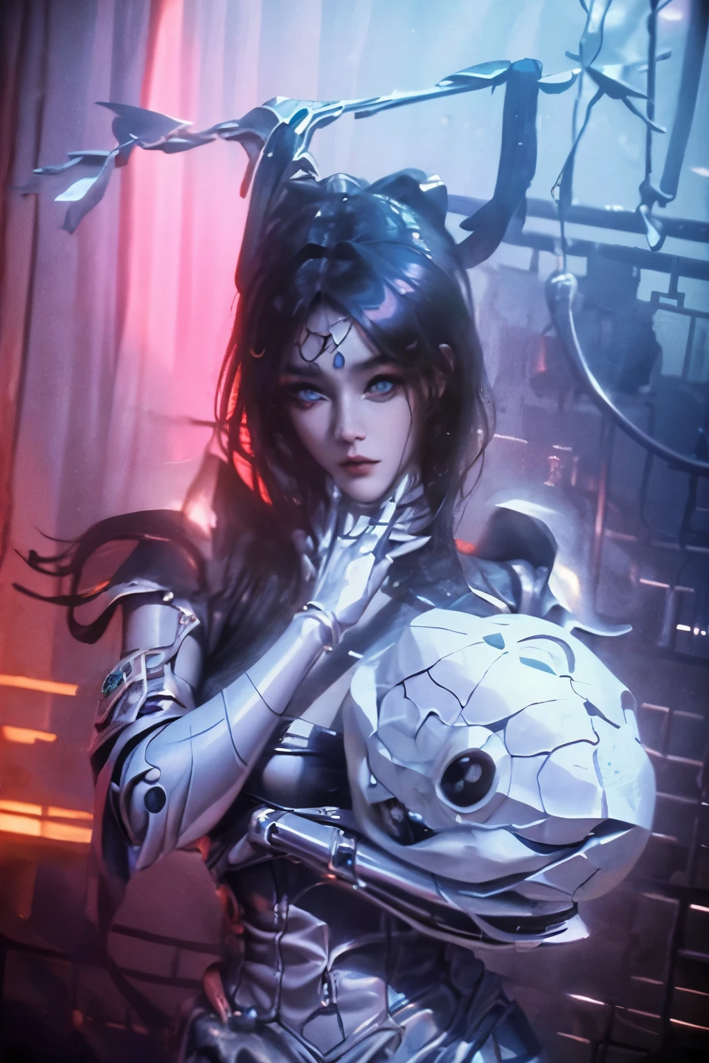 best quality, High Detail, 4K, Humanity, girl, Android face(Metal), steel & Titanium Leather, robot face(With Humanity Features), CCTV(Hard eye circles, Clear pupils), 1girl, formal, Perfect hands(5 fingers), wig(wig), Large Breasts, Bionic Armor, full length, whole body, Masterpiece body,