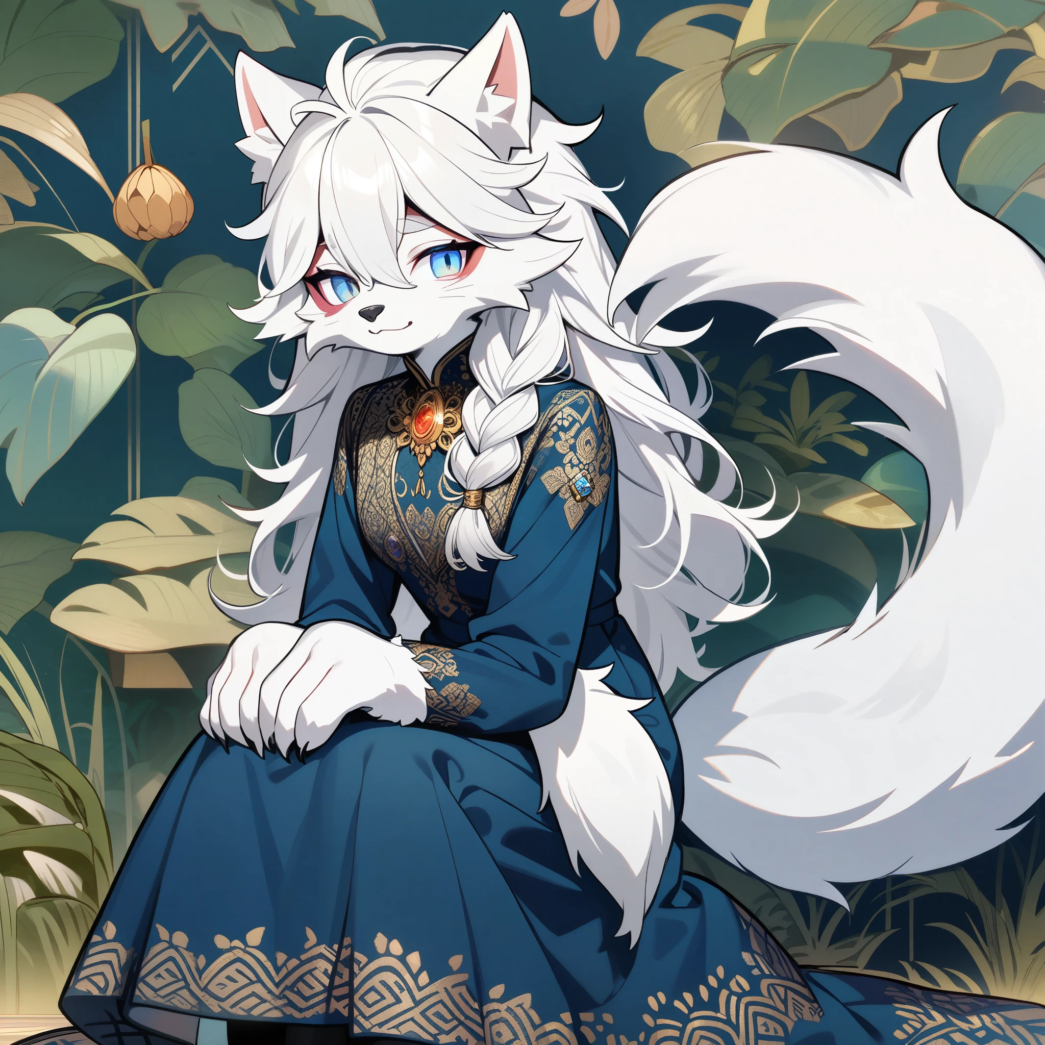 woman, furry woman, wolf woman, full body portrait, full fur, white fur, full tail, big tail, white tail, white hair, long hair, bushy hair, hair with braid, a brooch in the hair, pattern of flower brooch, gold-colored brooch, almond-shaped eyes, blue eyes, shy smile, charming face, red cheek, semi-long dress, blue dress, patterned dress, gold embroidery, chic tights, patterned tights, black tights, chic shoe, heeled shoe, scarpin shoe, lush vegetation wallpaper,