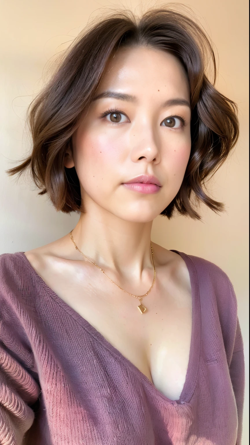 (highest quality, 8k, 32k, masterpiece, Ultra-high resolution:1.2),Beautiful Japanese Women Photos, Large Breasts, Very short bob hair,Upper Body,Face Focus,Extra Large_sweater, necklace, Simple Background, From above, View audience,