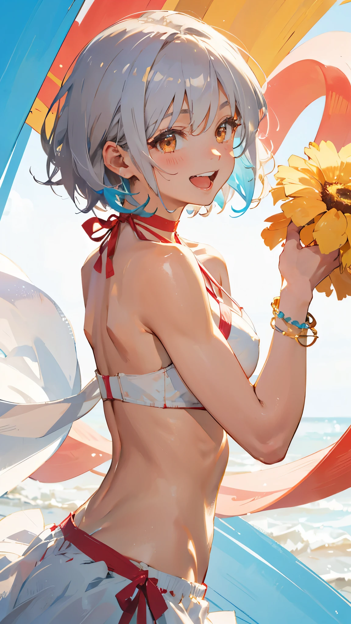 Best image quality,1People Girl,cute,Shiny Hair,black eye,Shining Eyes,,sunflower,stream,Water Play,Wet,girl,small,small breast,White Bikini,Too much exposure,View from below,Navel Fashion,Know the shape of your vagina