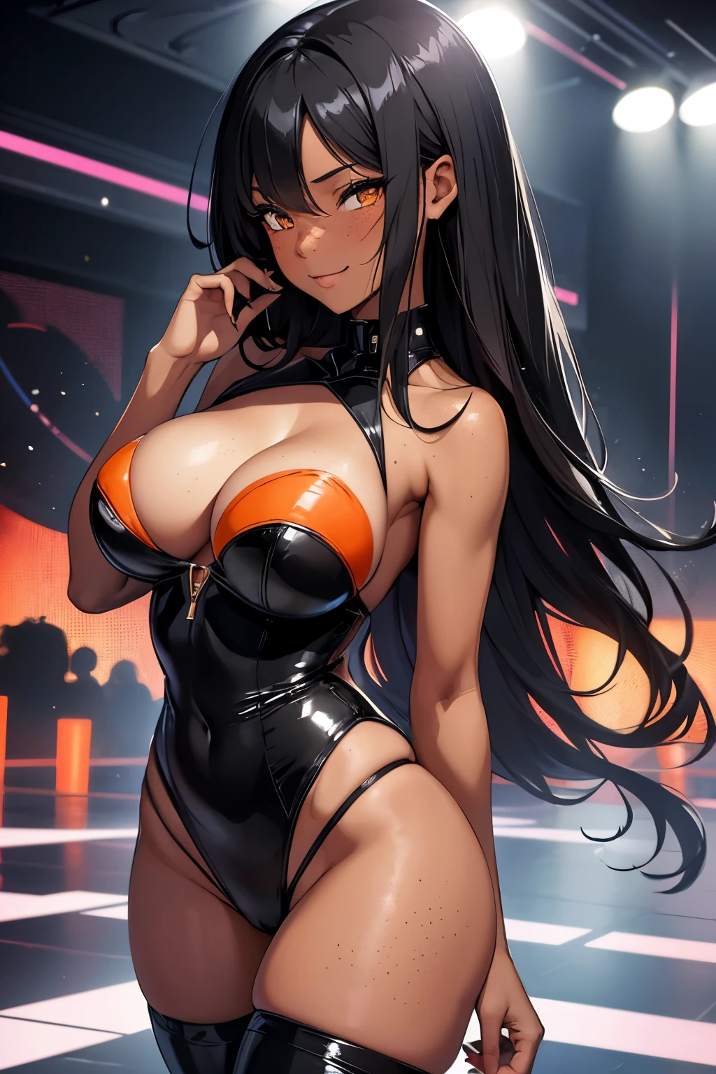 beautiful woman, black hair, orange eyes, freckles, large breasts, cleavage, thin body, extremely long hair, dark skin, strapless high waist leotard, thigh-high legwear, high heels, seductive, happy, smiling, extreme blushing, nightclub background, 4K, 8K, high resolution, best quality,, high definition, ultra-detailed, masterpiece, perfect anatomy