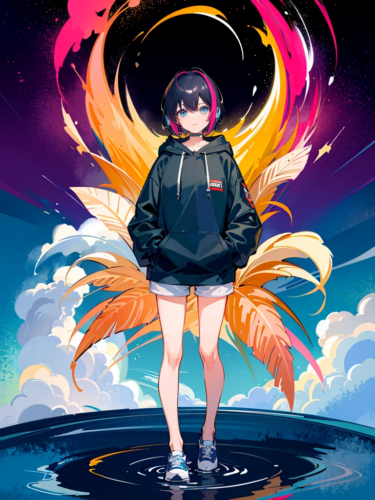 8K resolution、((top-quality))、((masterwork))、((ultra-detailliert))、1 woman、solo、incredibly absurdness、Oversized Hoodies、headphones、street、plein air、Sateen、neons、Shortcut Hair、Brightly colored eyes、Hands in pockets、shortpants、water dripping