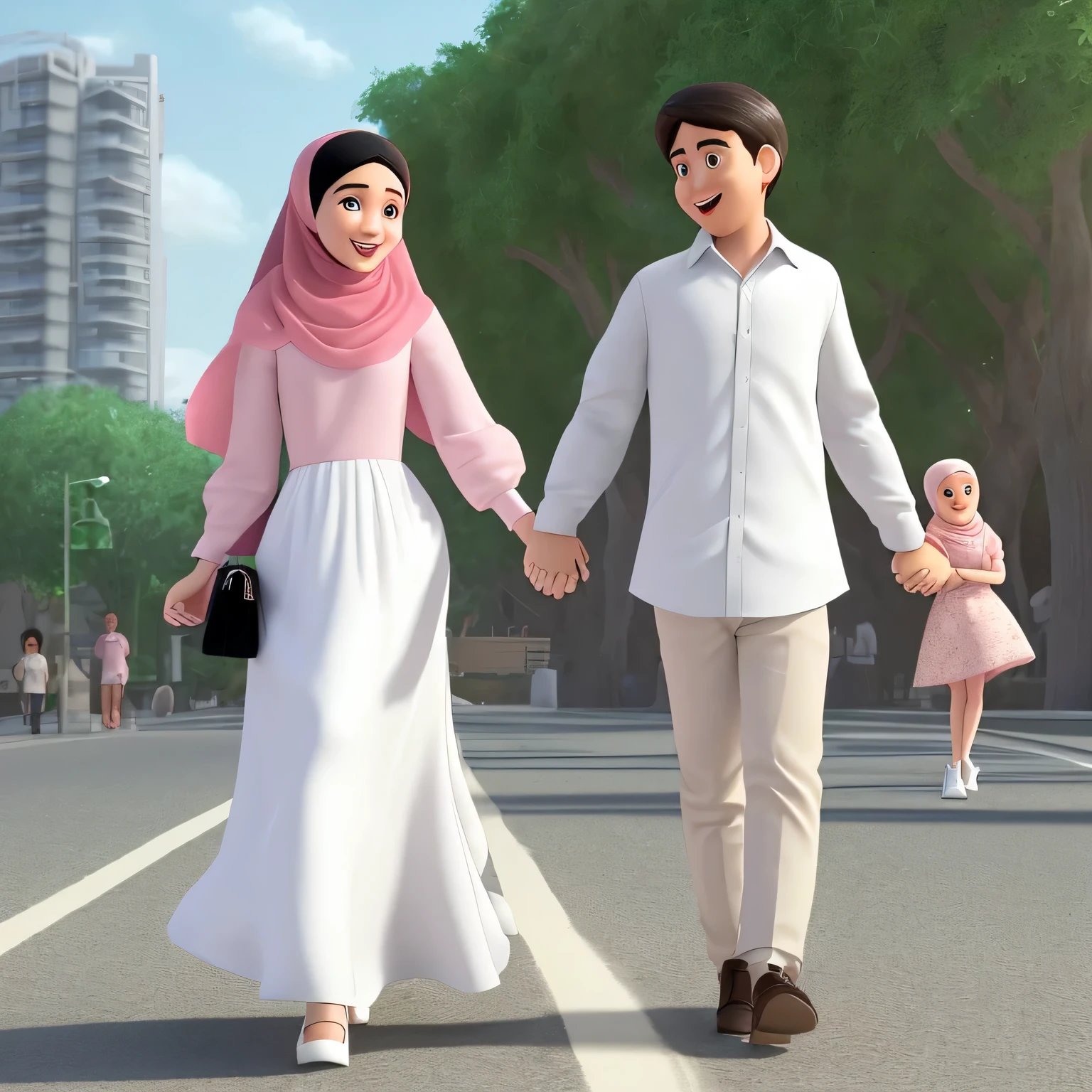 Disney Pixar poster, couple of a hijab girl wearing white long dress and soft brown hijab and soft pink high heels on her feet, with a black hair boy wearing white long shirt and long cream pants and white sneakers holding hands, walking cross the road on zebra cross in heritage city, they are laughing together, 3d animation