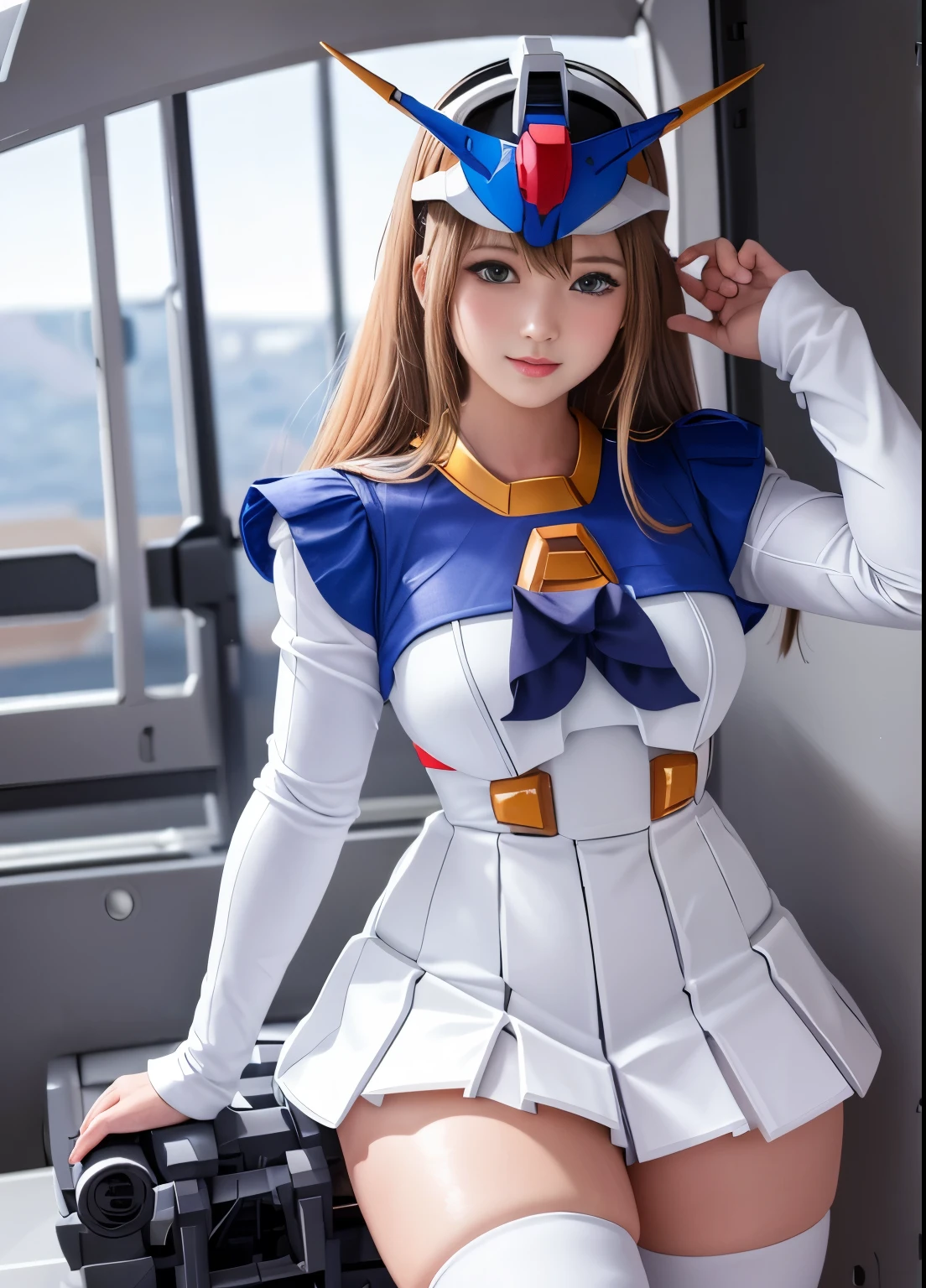 (highest quality)、(masterpiece)、detailed、realism、Mobile Suit Gundam F91 Personification、Great highlights on the upper body, Powerful Mech、Beam rifle, girl, 22 years old, , Flower Helmet、Beautiful Eyes, discreet nose and chin、Moisturized lips、smile、Absolute area, Wet slightly thick thighs、A little chubby、mini skirt、Spread your legs、Pussy、Chibi Character、Very affectionate love relationship、universe、Enemy battle scene、Be enchanted by amazing beauty、