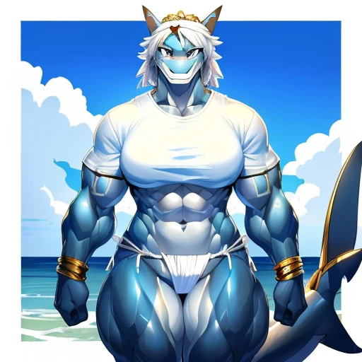 hi res,(((shark, finless shark))), (((not furry))), anthro, (((hair(head)))), aqua blue eyes, loincloth, ((((((( fundoshi, ))))))), (((( female, muscular, muscular anthro, muscular female, slim, Skinny)))), female, muscular, muscular anthro, muscular female, slim, Skinny, tail, adults, mature, (((SFW))), ((((((((solo)))))))), (((((((((((((female))))))))))))), standing with both legs closed, hands on hips, outside, plant, light blue body, sea, tree, (water), detailed background,by milkytiger1145,by takemoto arashi,by null-ghost, cold atmosphere, open smile, soft blue blush, single fin, ((((((((wearing white tshirts)))))))), ((((((muscular thighs, thick thighs, thick calves, wide hips, wide pelvis, curvy figure, volu\ptu\ous figure, both feet are close together., \hourglass \figure,, female body)))))), (((((golden accessory, jewels and ornaments for the bottom, belly dancer outfit )))))