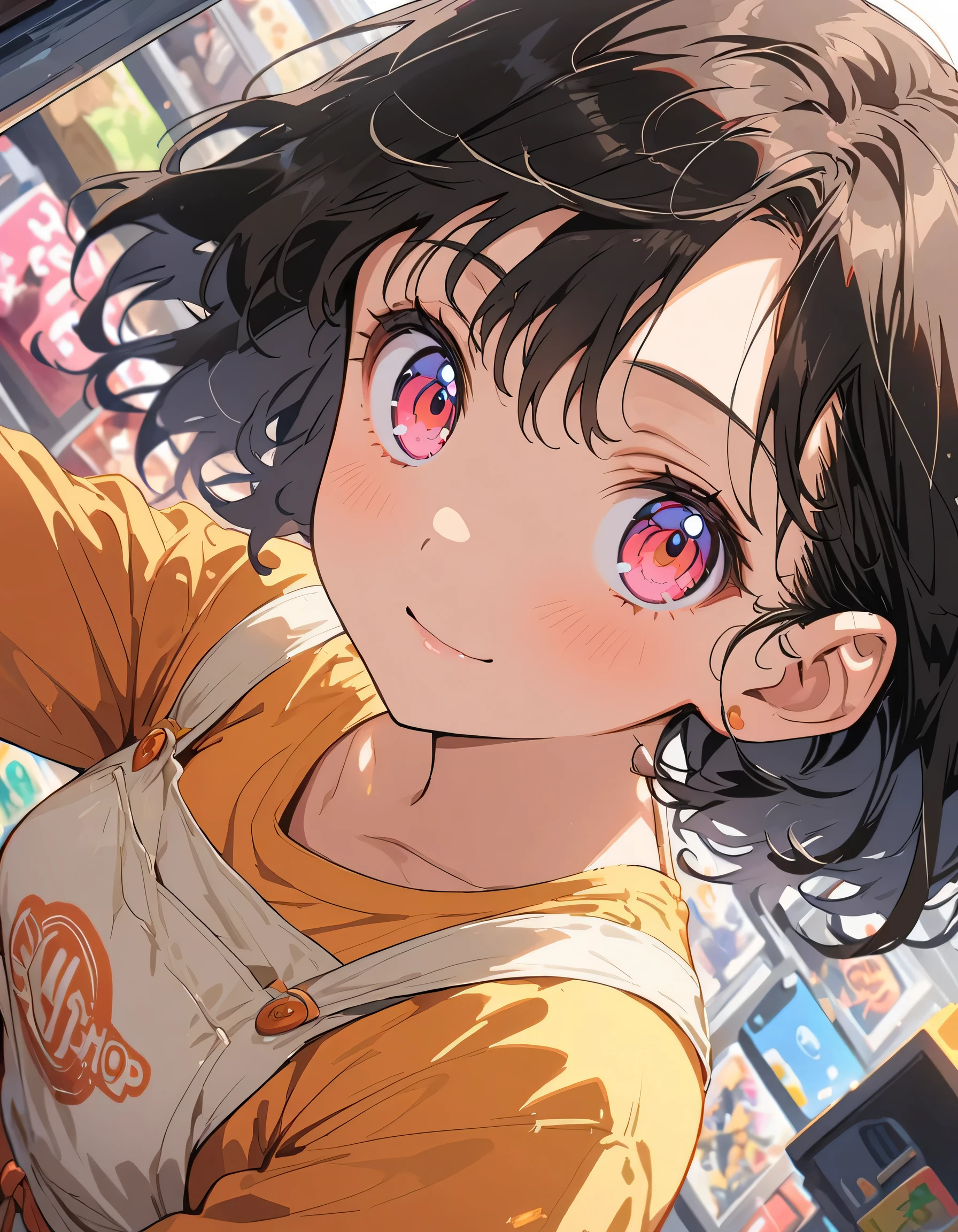 1 girl、Confused eyes、(Game shop clerk、Casual outfit of jeans and a T-shirt、Shop apron、In the game store)、Background Blur、(highest quality、masterpiece、High resolution、detailed)、anime style、Flat Style、, BREAK,(Beautiful Eyes, Delicate and beautiful face,), extremely detailed、,1 girl、floating, (High saturation), (Shine), Focus on the face, Dynamic Angle、anime
