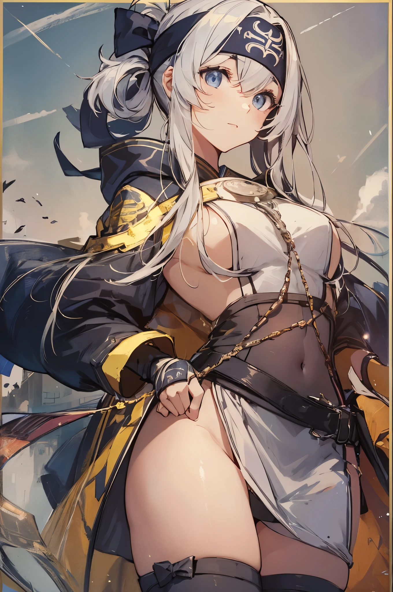 kamoi,folded ponytail,headband,bandana,ainu clothes,cropped jacket,dress,long sleeves,pelvic curtain,thighhighs,wrist guards,sideboob,masterpiece,Noise Reduction,perfect anatomy,high resolution, ultra-detailed,game cg,dutch angle ,beautiful detailed eyes,visualart,five fingers, perfect hands, perfect lighting,