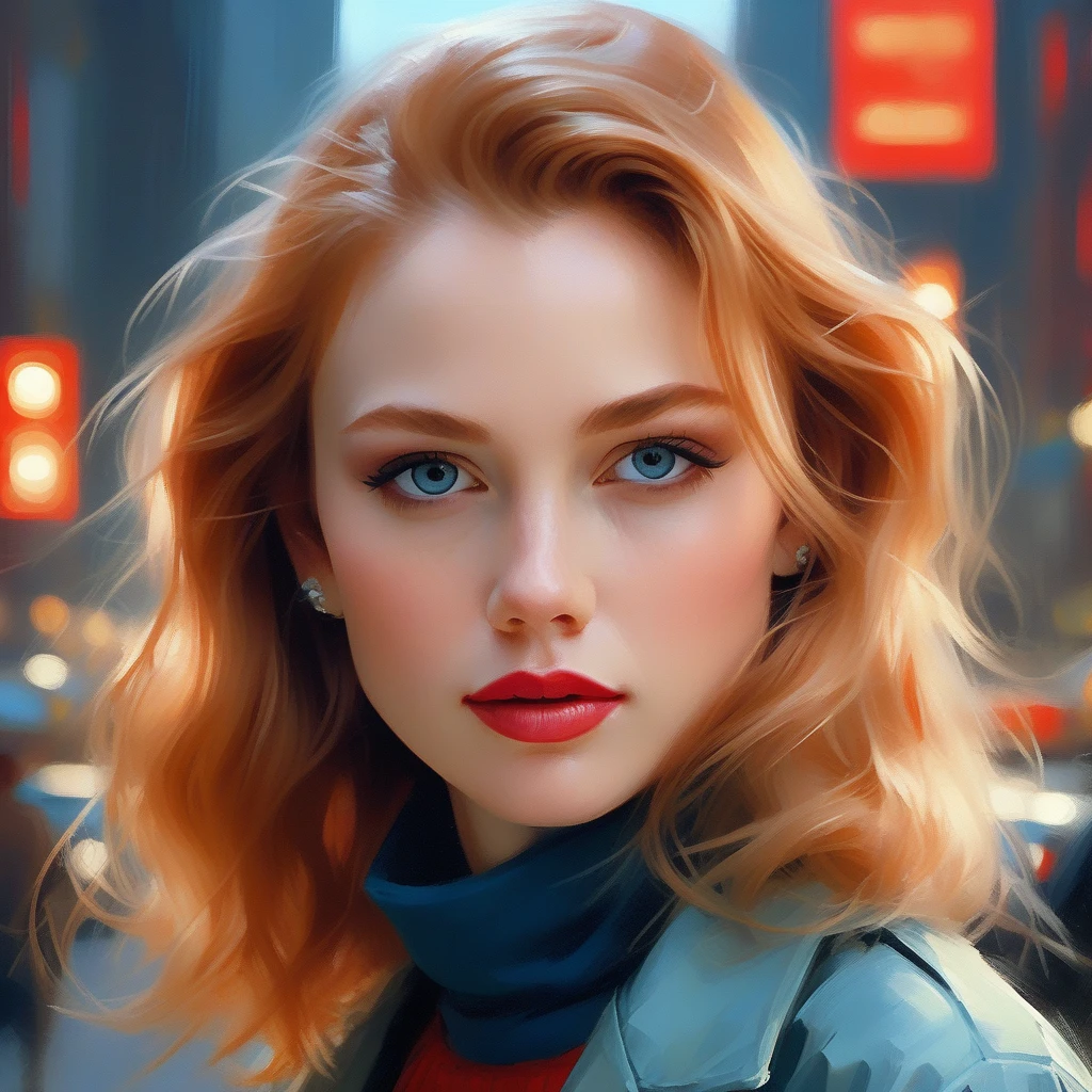 portrait photograph of a srstjms ,  as a movie star, ginger, very detailed cyan eyes, red lipstick, turtleneck sweater, buttoned up jacket, (trousers), modelshoot style, (extremely detailed CG unity 8k wallpaper), photo of the most beautiful artwork in the world, professional majestic oil painting by Ed Blinkey, Atey Ghailan, Studio Ghibli, by Jeremy Mann, Greg Manchess, Antonio Moro, trending on ArtStation, trending on CGSociety, Intricate, High Detail, Sharp focus, dramatic, photorealistic painting art by midjourney and greg rutkowski, (walking down the street), (looking at viewer), (detailed eyes:1.2),(perfect eyes:1.3), ((closeup portrait:1.2)), (bokeh)