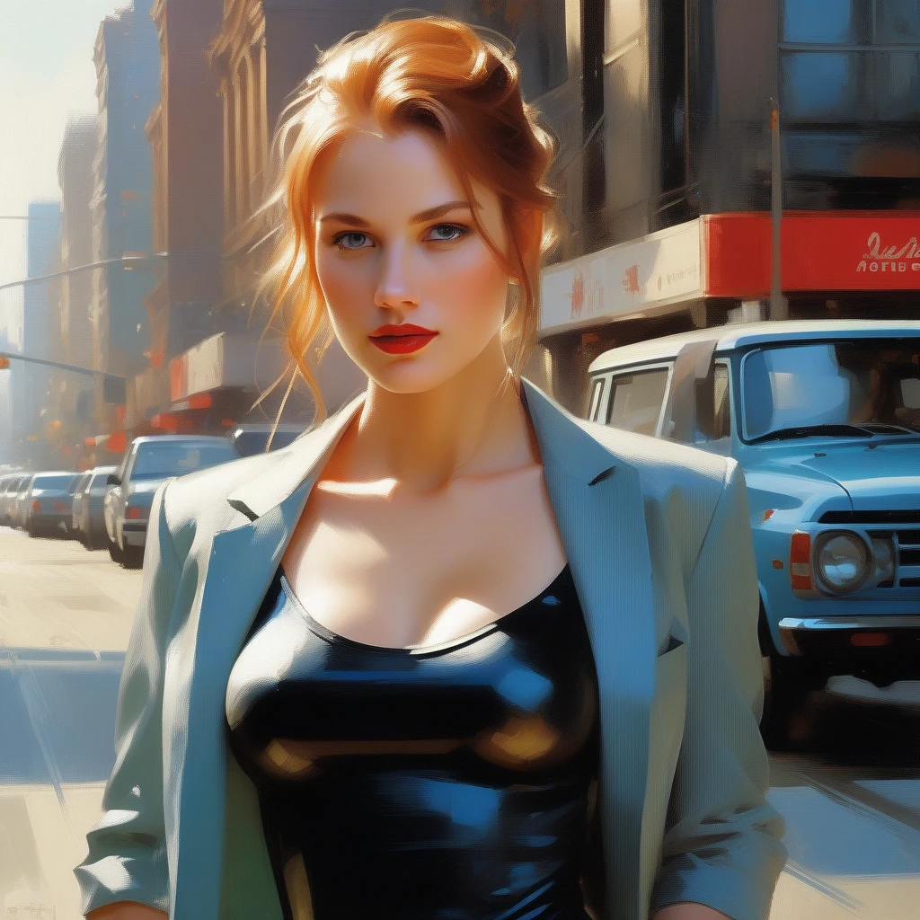 portrait photograph of a srstjms , as a movie star, ginger, very detailed cyan eyes, red lipstick, turtleneck sweater, buttoned up jacket, (trousers), modelshoot style, (extremely detailed CG unity 8k wallpaper), photo of the most beautiful artwork in the world, professional majestic oil painting by Ed Blinkey, Atey Ghailan, Studio Ghibli, by Jeremy Mann, Greg Manchess, Antonio Moro, trending on ArtStation, trending on CGSociety, Intricate, High Detail, Sharp focus, dramatic, photorealistic painting art by midjourney and greg rutkowski, (walking down the street), (looking at viewer), (detailed eyes:1.2),(perfect eyes:1.3), ((closeup portrait:1.2)), (bokeh)