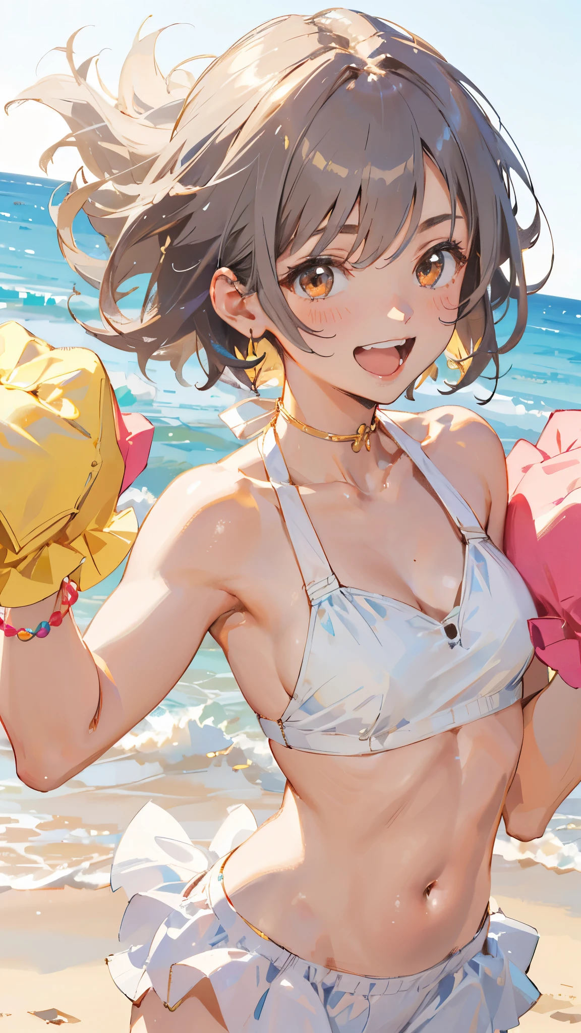 1 Girl、Shortcuts、Gray Hair、She is ************、Brown Skin、Wearing a white bikini、Beautiful brown eyes、slender and muscular body、barefoot、Colorful Bracelets、Colorful anklets、Laugh brightly、Dance cheerfully、Upper body close-up