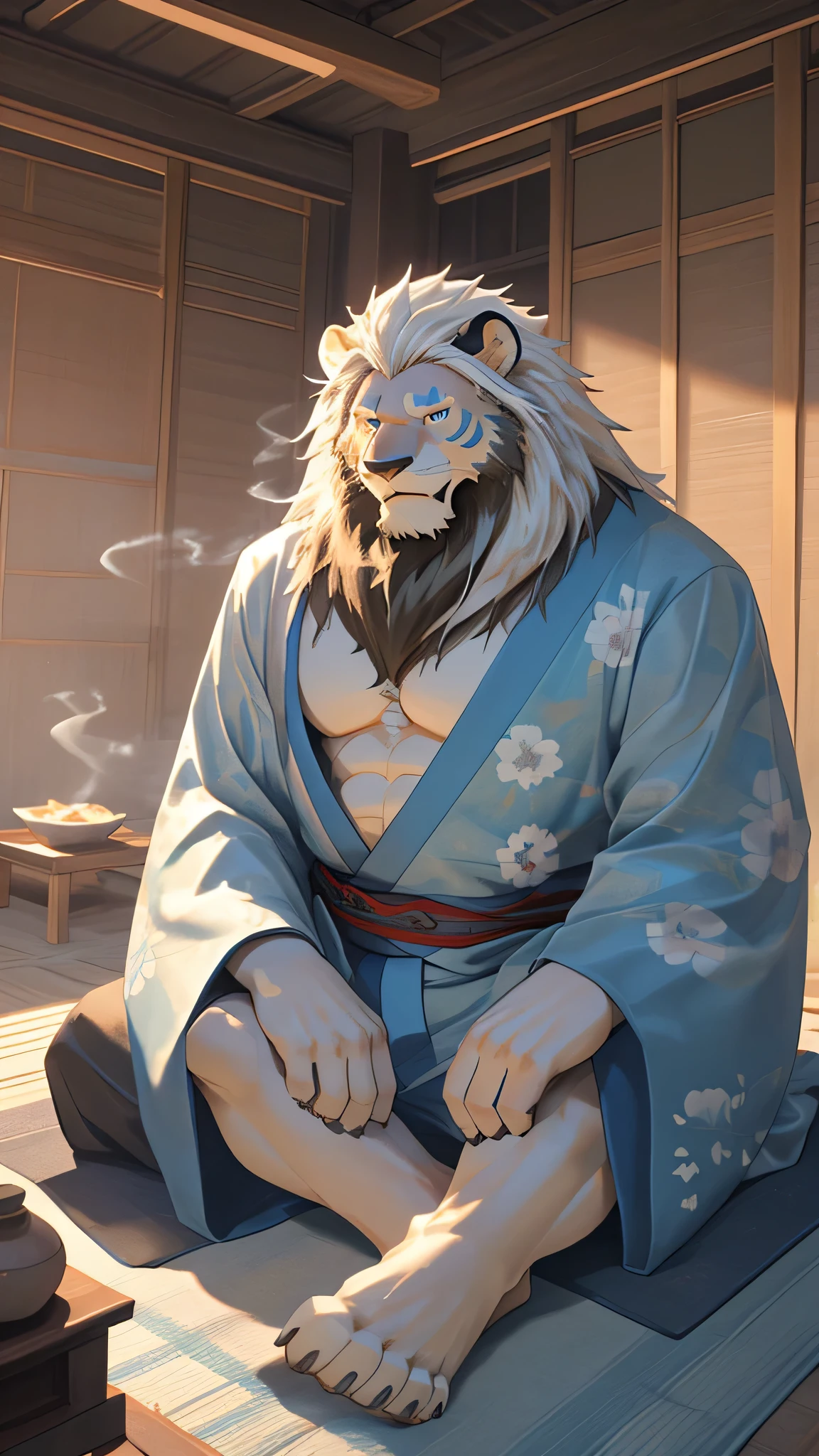 White Lion, game cg, 4k, kimono, muscle, sitting on tatami, barefoot, naked, right on camera, male, furry, anthor, Steam