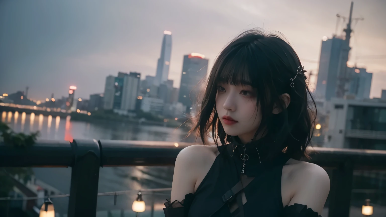 (upper body:1.4), Goth Fashion, Dystopia, tokyo, minimum, harmony, tranquility, cinematic light, Magic Hour, A strong wind is blowing, Girl overlooking the city, slender, floating Medium Hair, diffused natural skin glow, bangs, Deep Shadow, Gothic Punk, masterpiece, highest quality, RAW Photos, sigma 50mm f1.4, candytt, 24-years-old