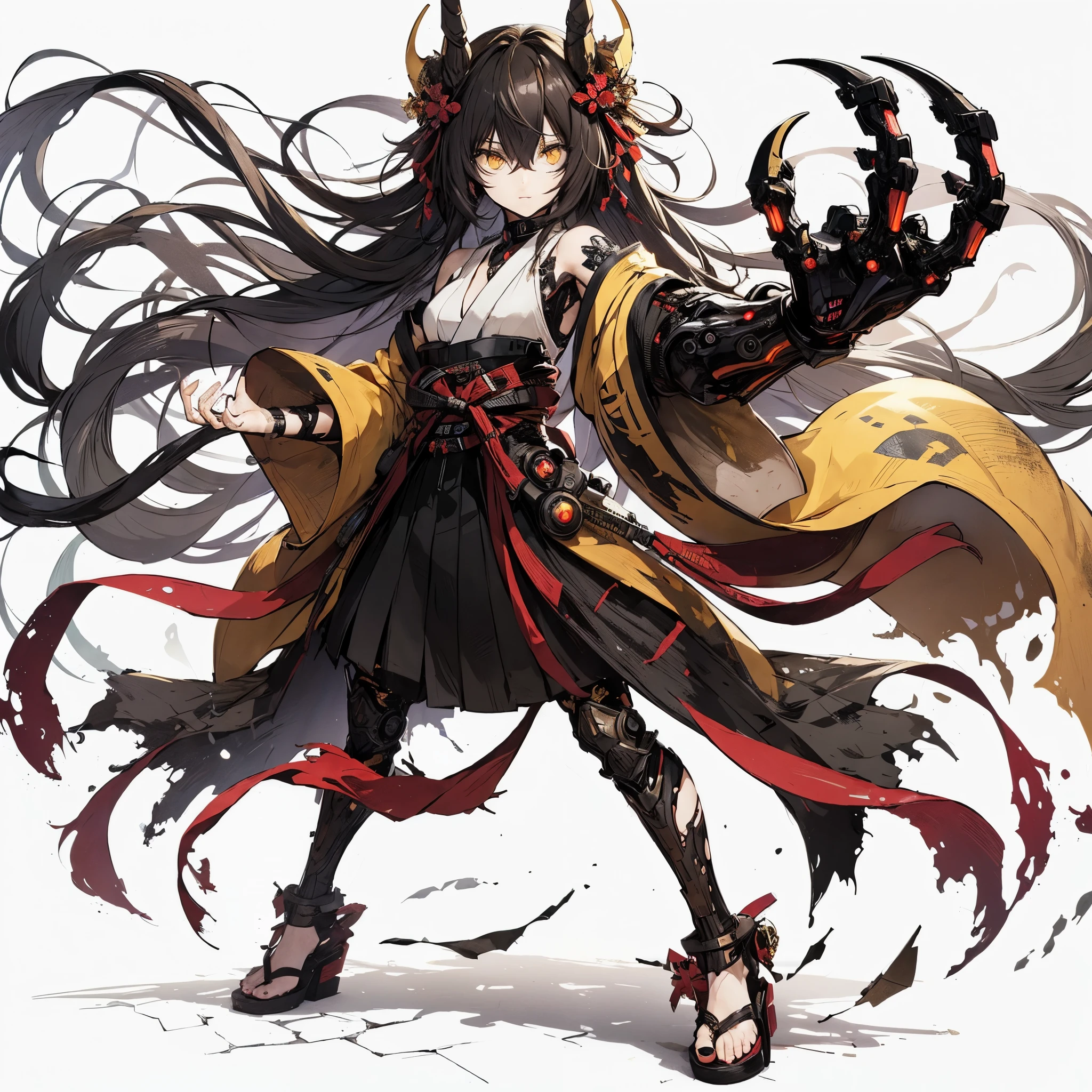 (Masterpiece, top quality), (detailed hair), super detailed, anime style, full body, solo, concept art, science-fantasy fighter girl, neck-length black-yellow hair, gold eyes, right hand converted to cybernetic terrifying claw. cyber-kimono, and torn red scarf, cybernetic long horned, wearing tabi sandal, white background, whole body, standing in wasteland, fighting pose