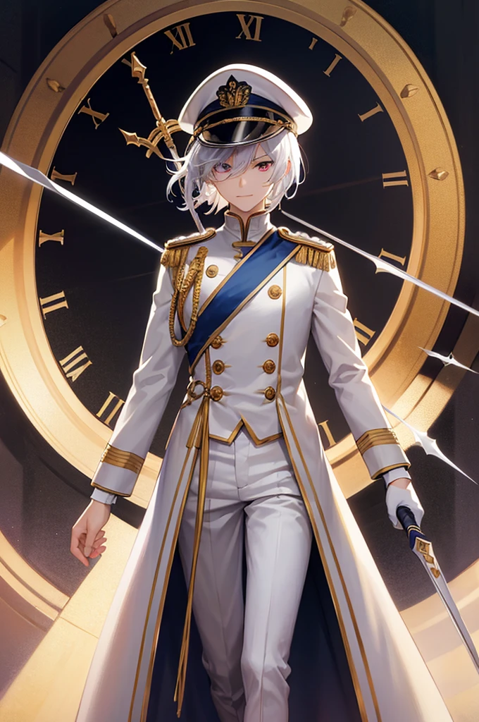 (masterpiece, 2K, best quality), 1boy, male focus, red eyes, heterochromia, blue eyes, hair over one eye, solo, glowing eyes, holding sword, rapier, white hair, straight hair, middle hair, white uniform, epaulettes, ruffles, white gloves, navy hat, white hat, long sleeves, smirking, sadistic face, white trousers, upper body, standing in front of a clock, huge clock face, luminous white astronomical clock, luminous astronomical clock, clock hands, looking at viewer, dark theme