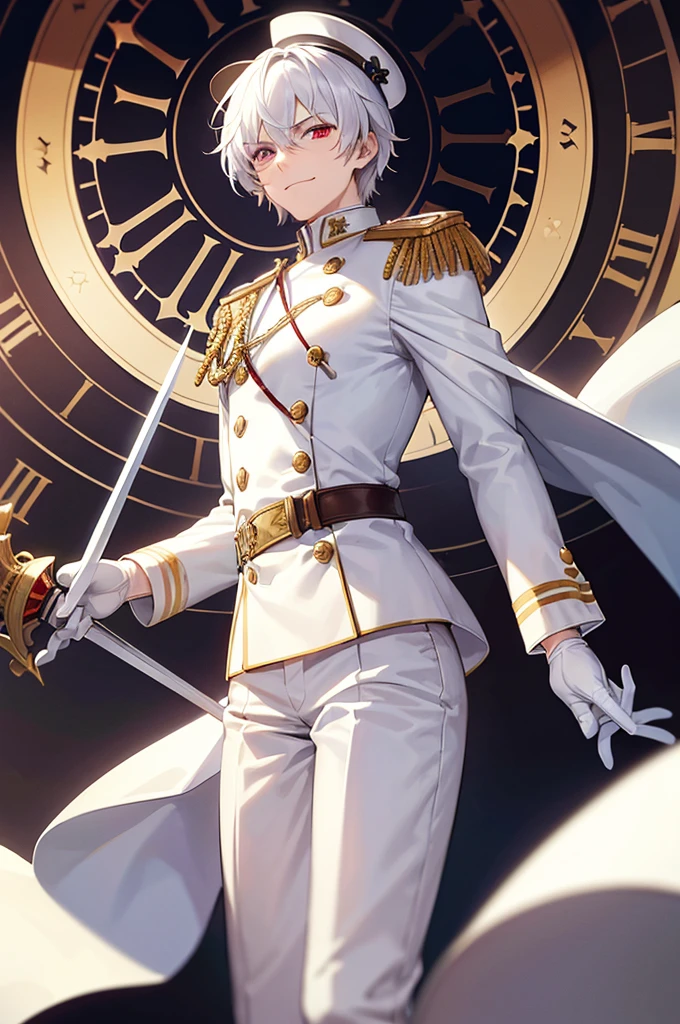 (masterpiece, 2K, best quality), 1boy, male focus, red eyes, heterochromia, blue eyes, hair over one eye, solo, glowing eyes, holding sword, rapier, white hair, straight hair, middle hair, white uniform, epaulettes, ruffles, white gloves, navy hat, white hat, long sleeves, smirking, sadistic face, white trousers, upper body, standing in front of a clock, huge clock face, luminous white astronomical clock, luminous astronomical clock, clock hands, looking at viewer, dark theme