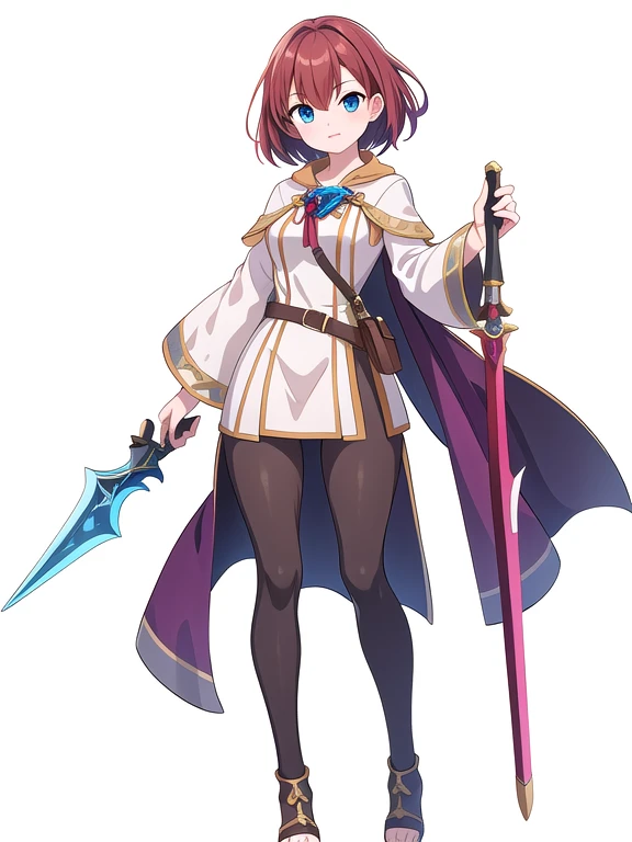(stand posture), cute eyes, adult woman,, solo, high fantasy outfits, ((white background)), (full body), holding weapon,
