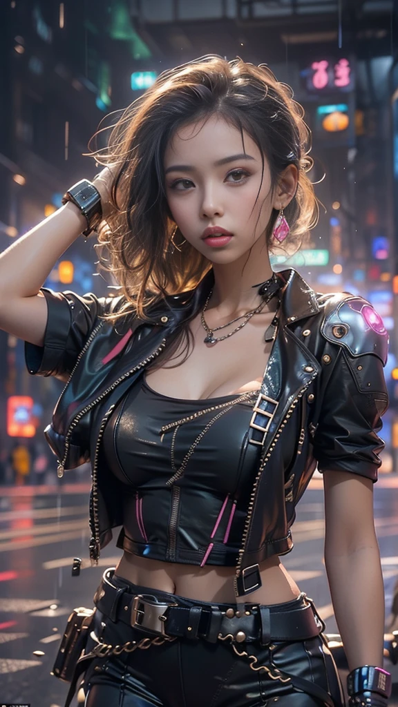 (Realistic:1.3, 16k, highest quality, masterpiece, Ultra-high resolution), ((light rain, From below)), Perfect dynamic composition:1.2, (Modern futuristic city at night, Expressions of sadness:0.5, motorcycleを運転する), Highly detailed skin and facial textures:1.2, Young Japanese Woman, Incredibly slim body, Fair skin, Sexy beauty, Very beautiful face, beautifully、aesthetic, (Pink tight skirt, Wear cyberpunk clothes), (Shapely breasts, Chest gap), (Big eyes that exude beautiful eroticism, Lips that exude beautiful eroticism), necklace, Earrings, bracelet, wedding ring, Shoulder bag, clock, sunglasses, motorcycle, Cowboy Shot